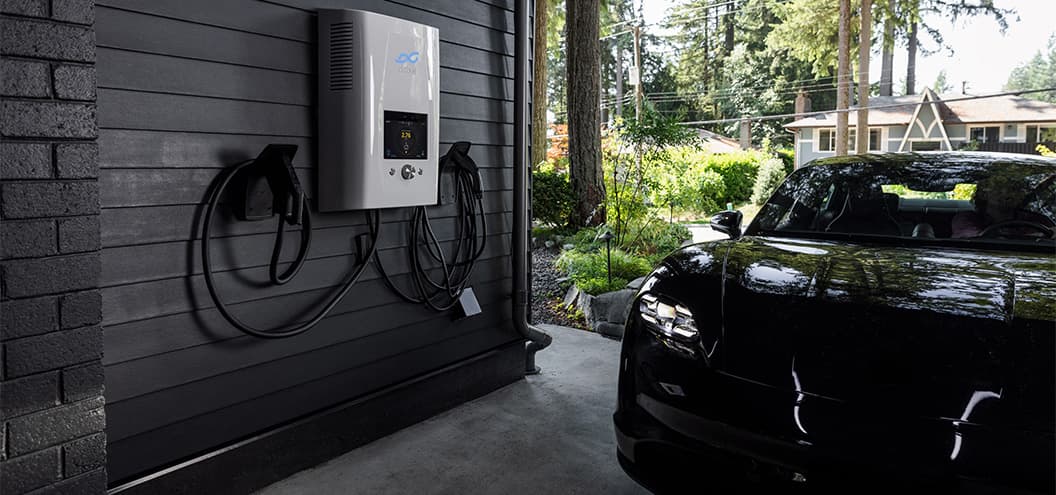Charging black electric car at home