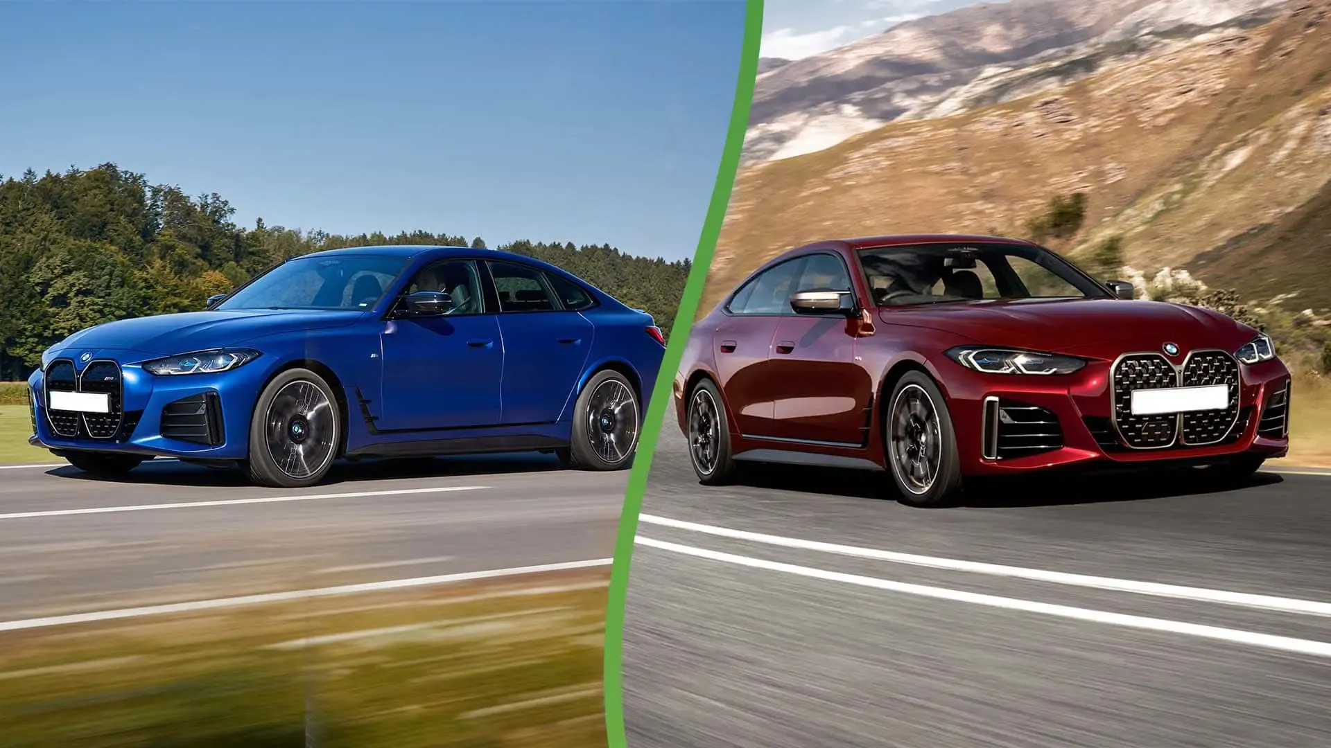 BMW i4 and BMW 4 Series Gran Coupe displayed side-by-side driving on a road