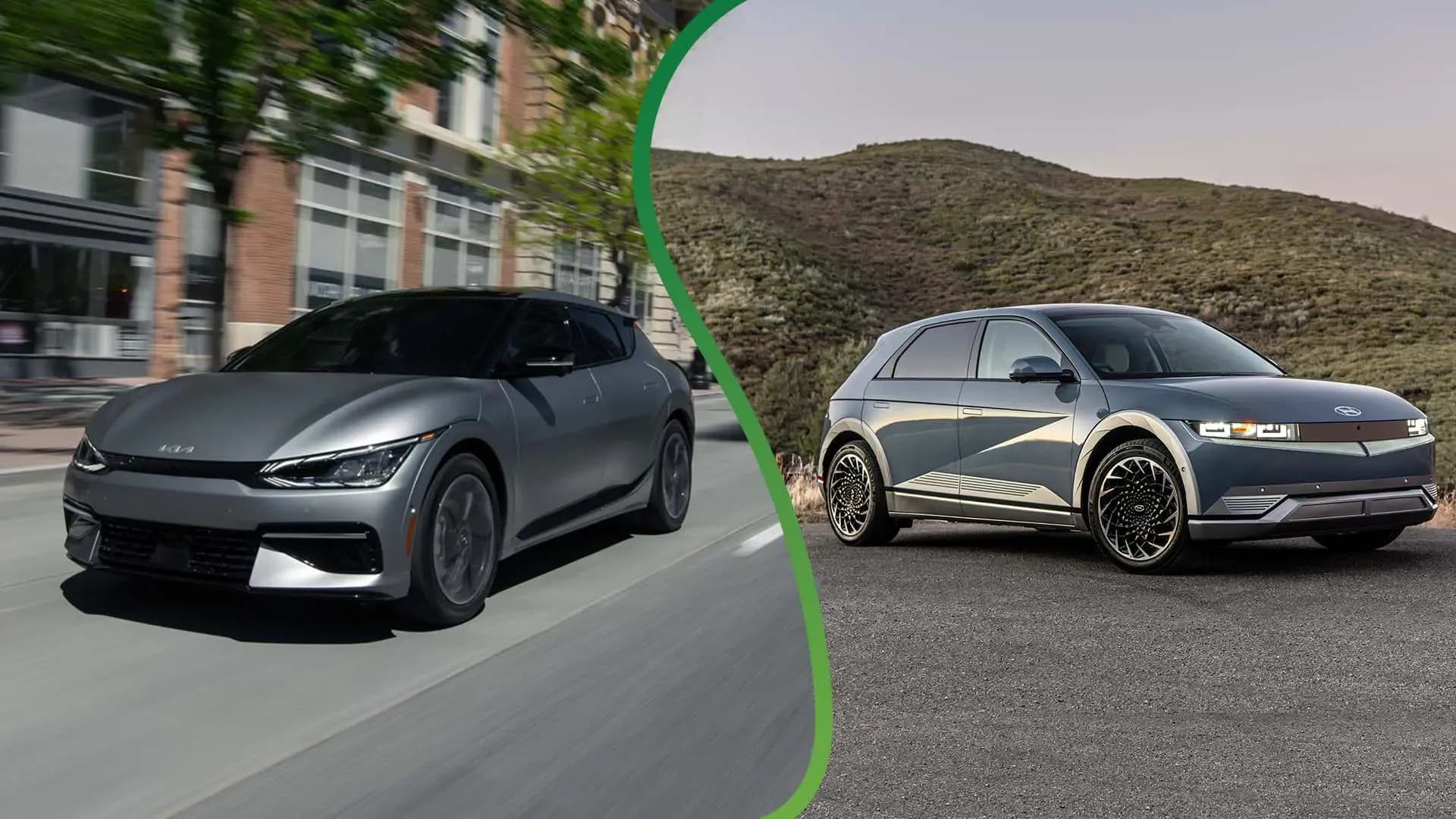 Hyundai Ioniq 5 and Kia EV6 side-by-side driving on road