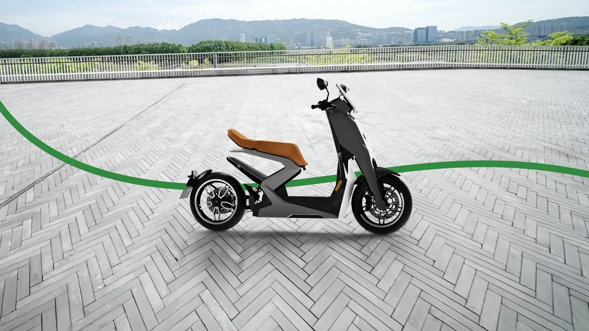 Zapp i300 eScooter on chevron sidewalk with thin, green wave graphic