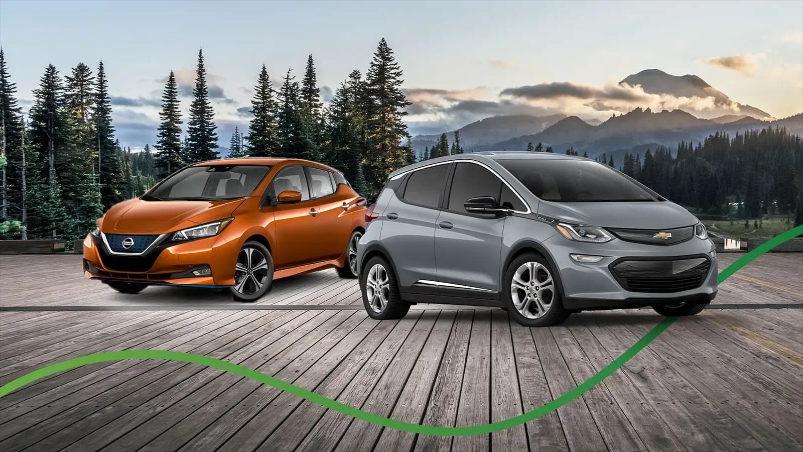 nissan leaf and chevy bolt on a deck with mountain background