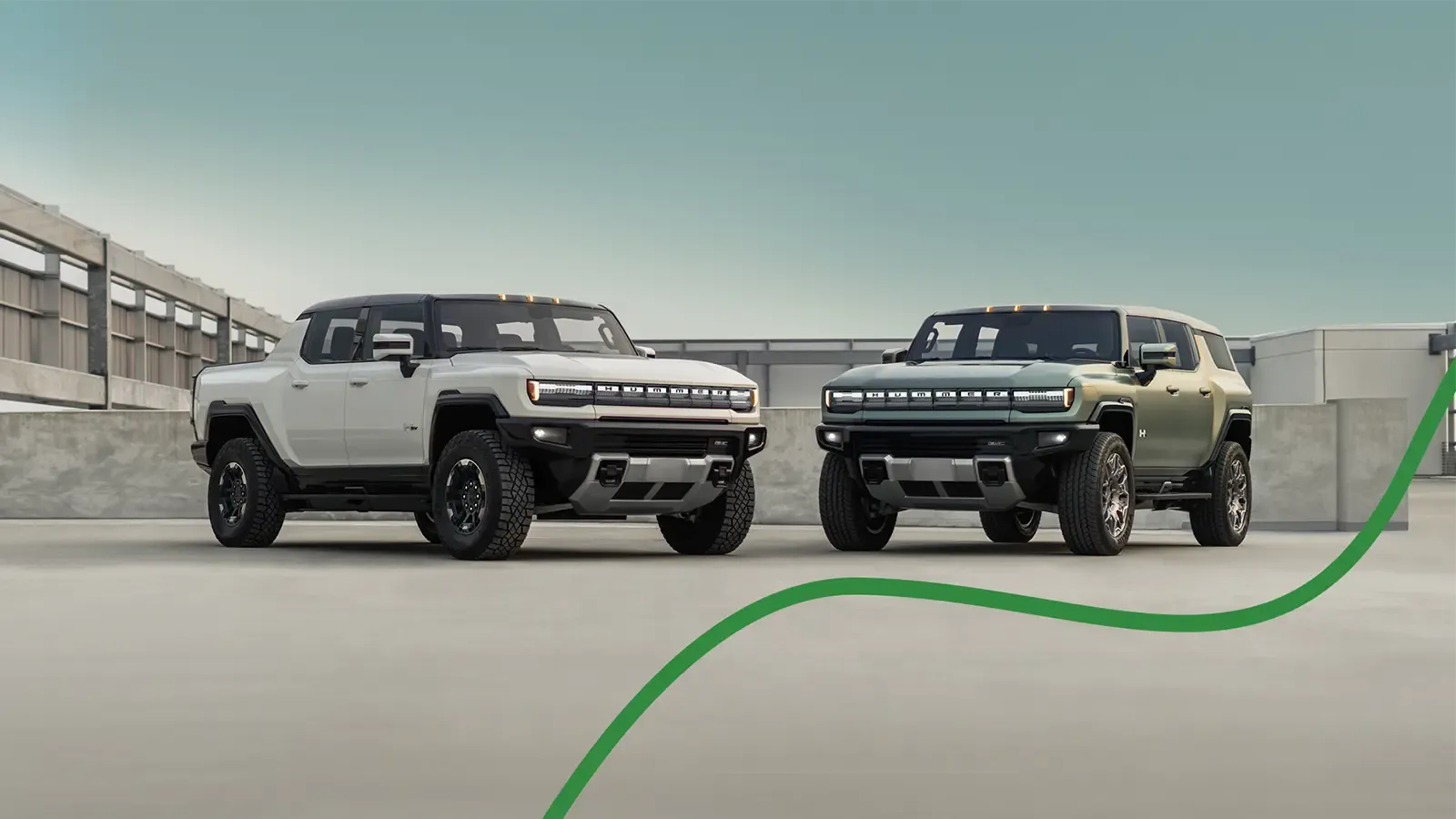 Two Hummers in parking garage with Green Cars wavy line