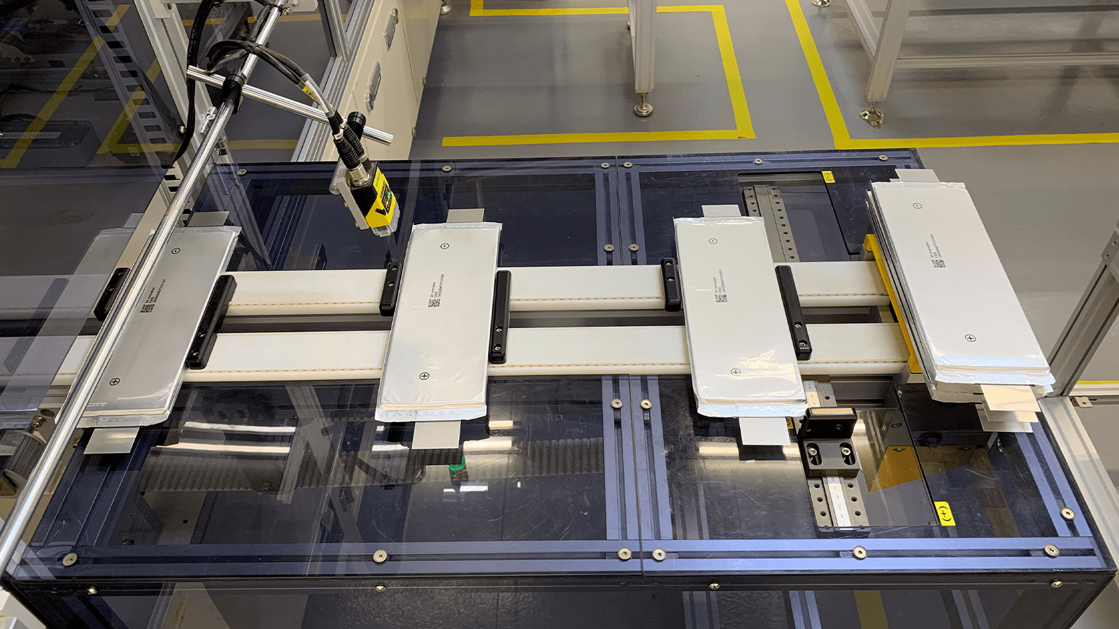 Batteries on assembly line in battery factory