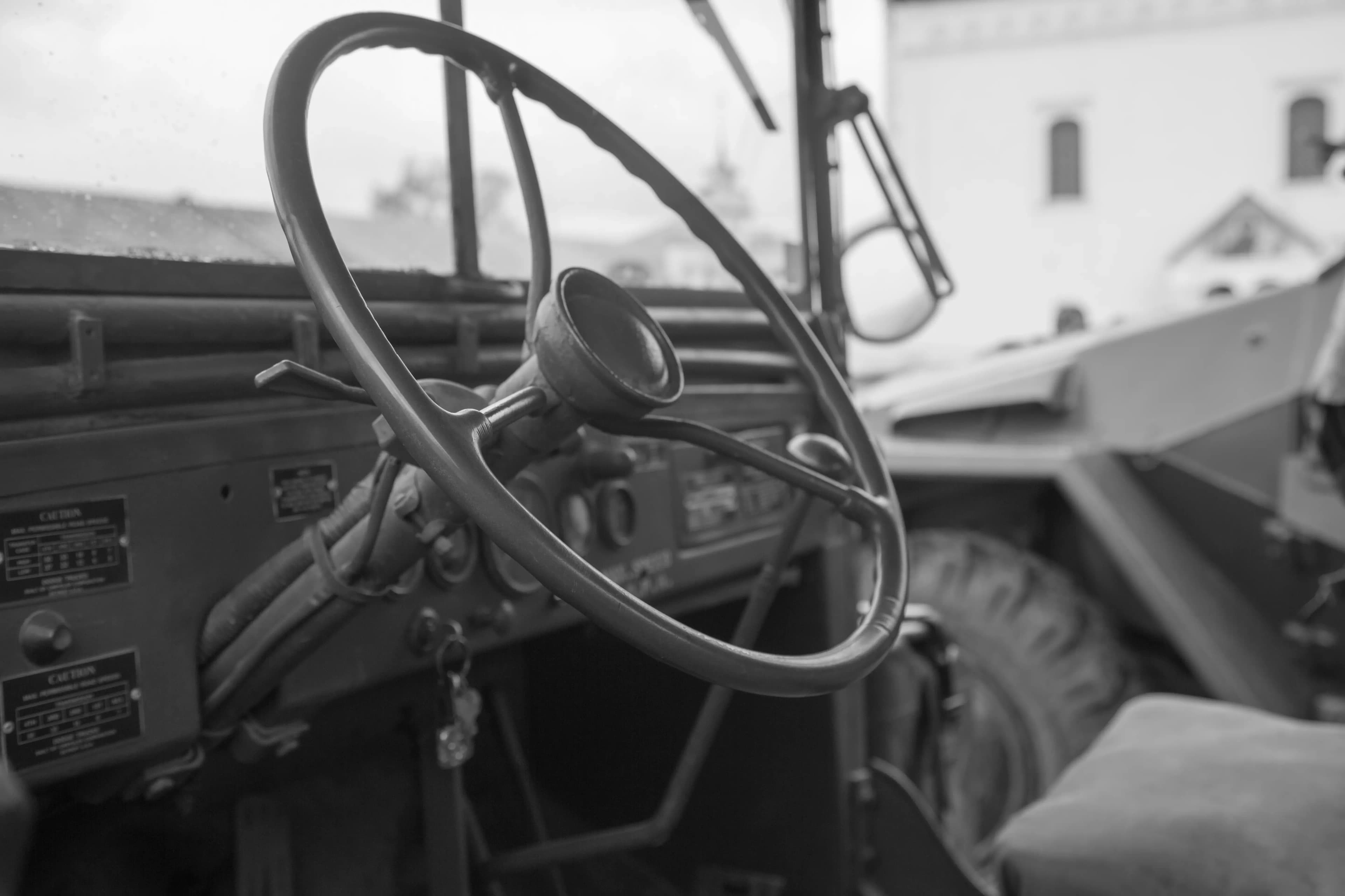 Close up of old time vehicle steering wheel