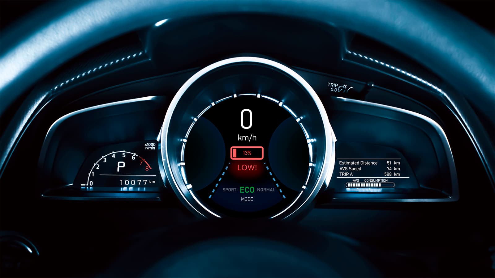 Low battery warning light on instrument panel of electric vehicle