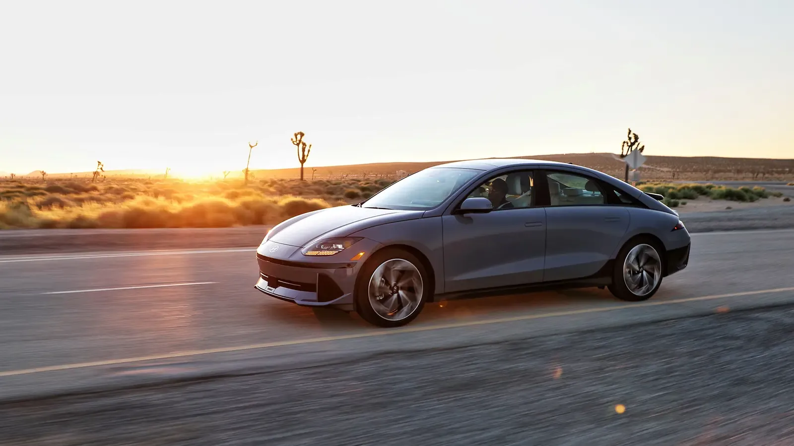 An exterior view of the Ioniq 6 from Hyundai driving on the road