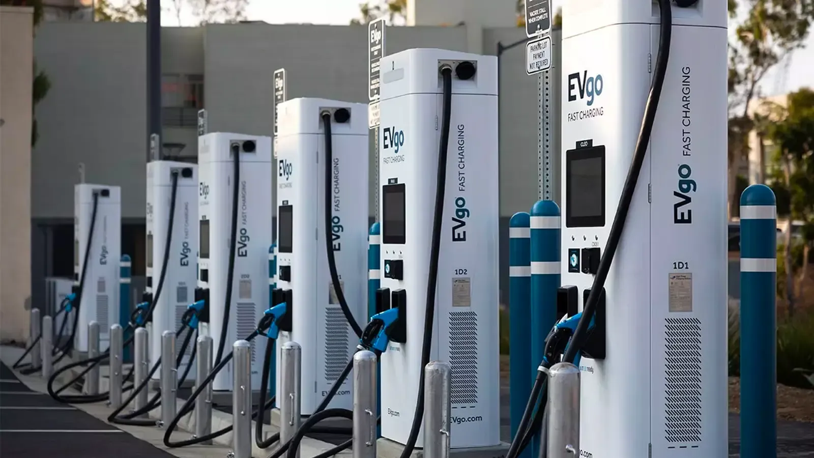 A row of EVgo charging stations