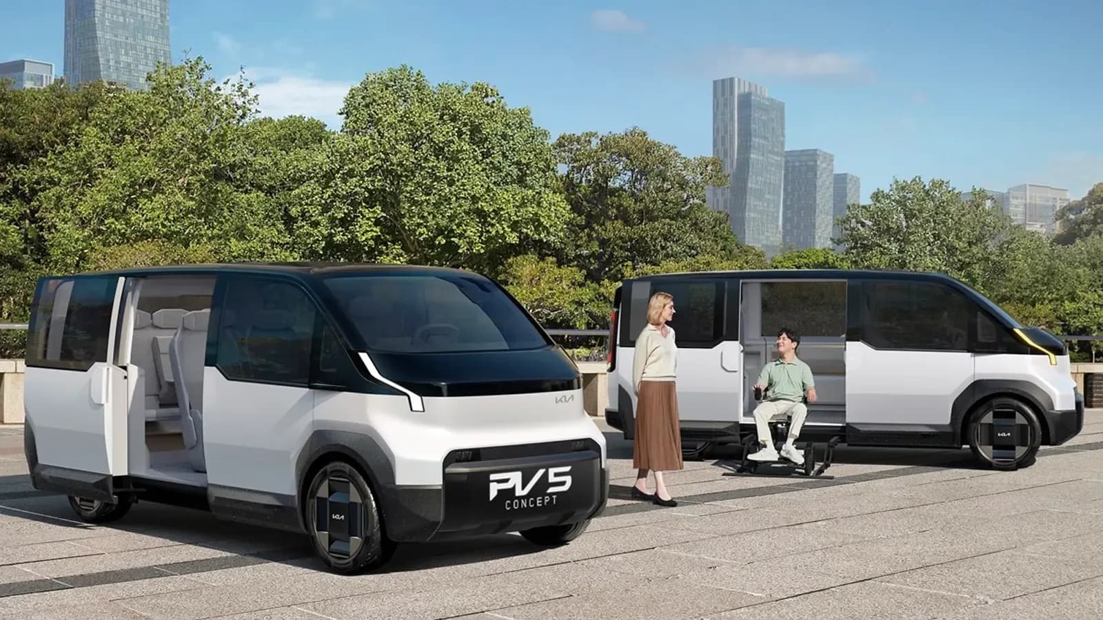 Kia PV5 Vans concept of people using the van by a park