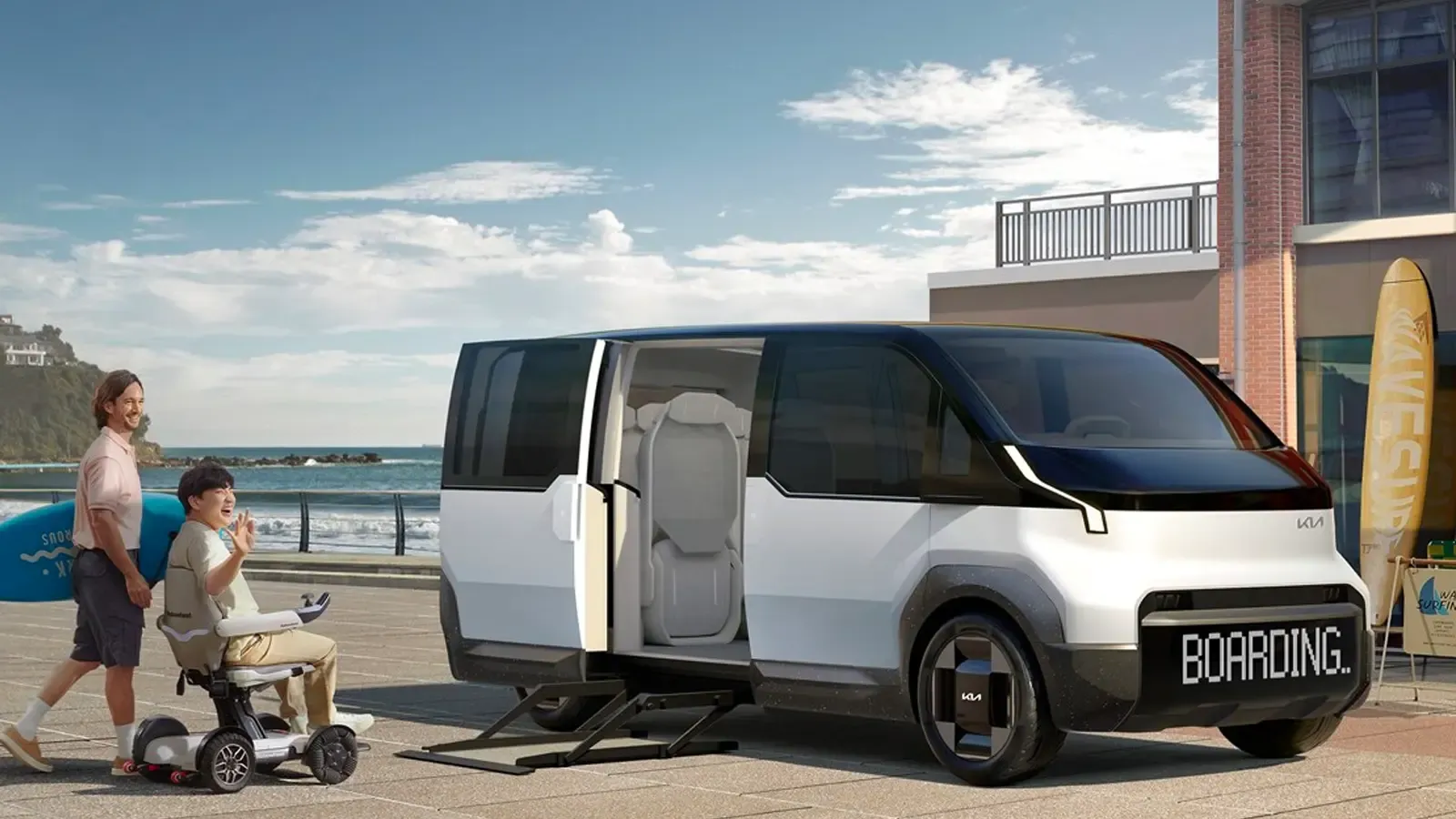 Kia PV5 model concept of people boarding the van by a surf shop