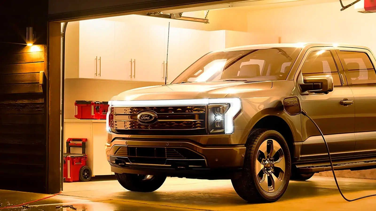 Ford F-150 Lightning charging in a garage 