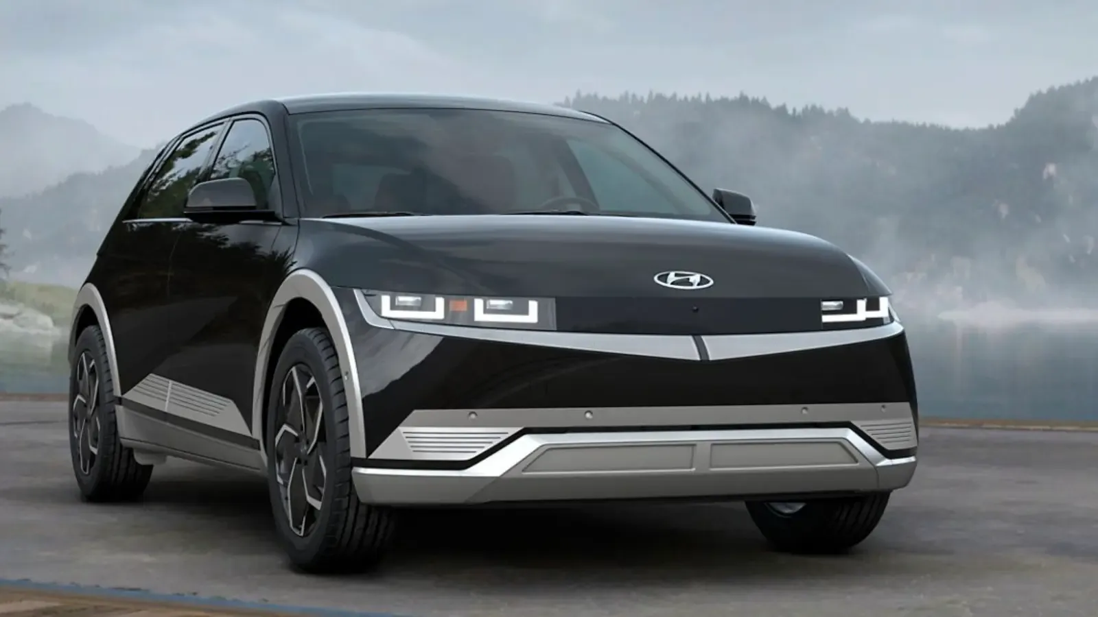 Hyundai Ioniq 5 model view by a misty mountain
