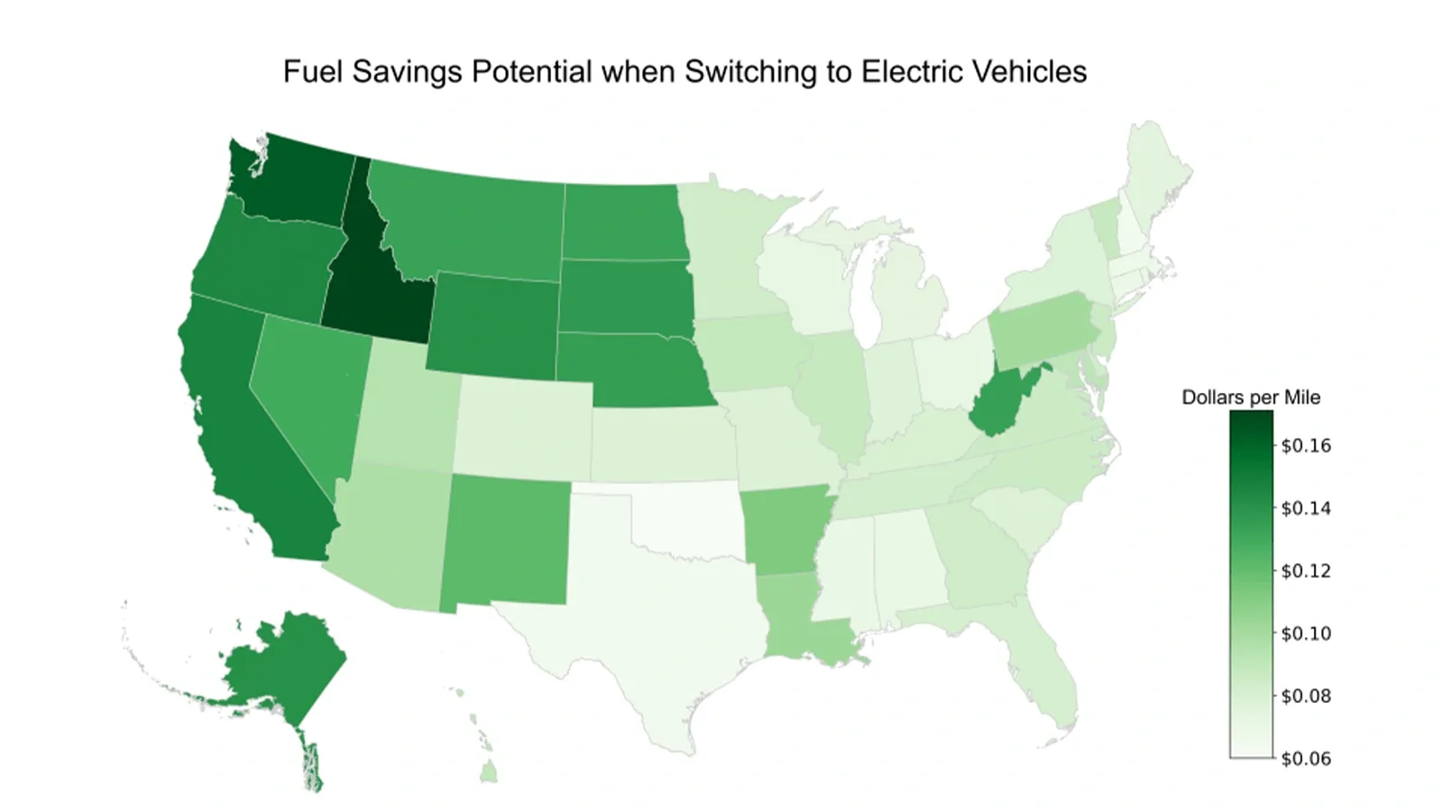 map of US showing fuel savings potential when switching to EVs