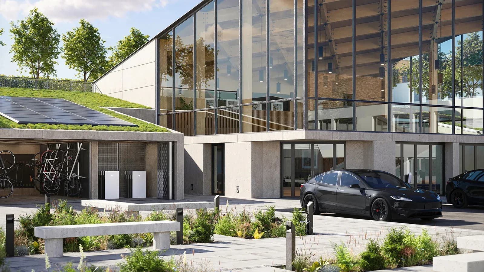 Tesla parked outside home with solar panels on roof