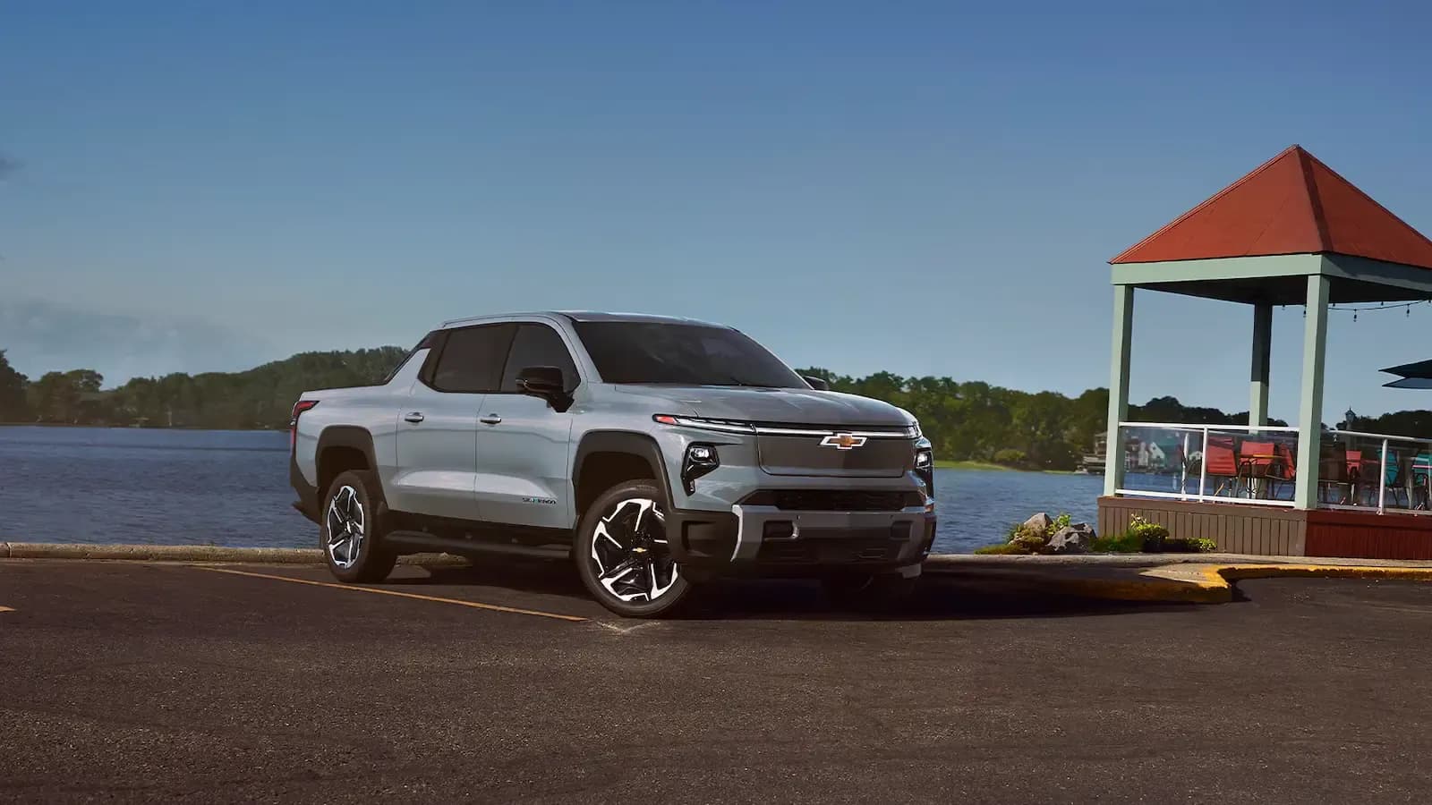 chevrolet silverado EV parked near the water