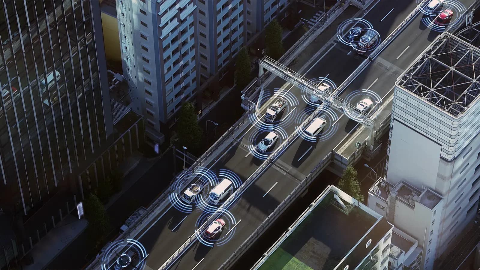 graphic of autonomous driving cars in a city