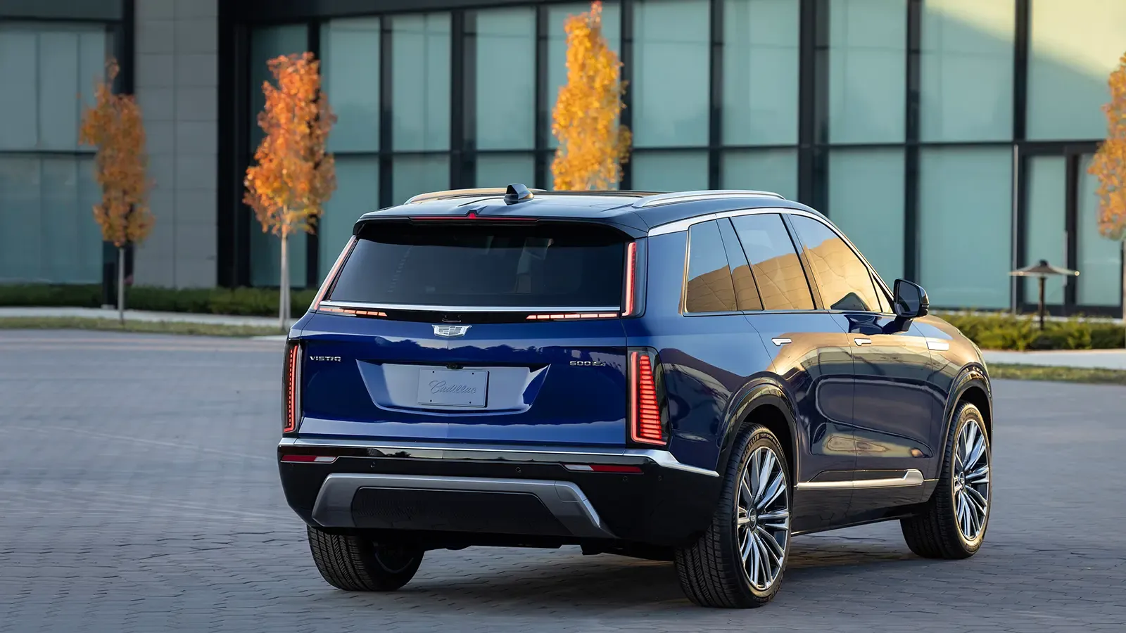 Cadillac Vistiq back view in Opulent Blue Metallic.