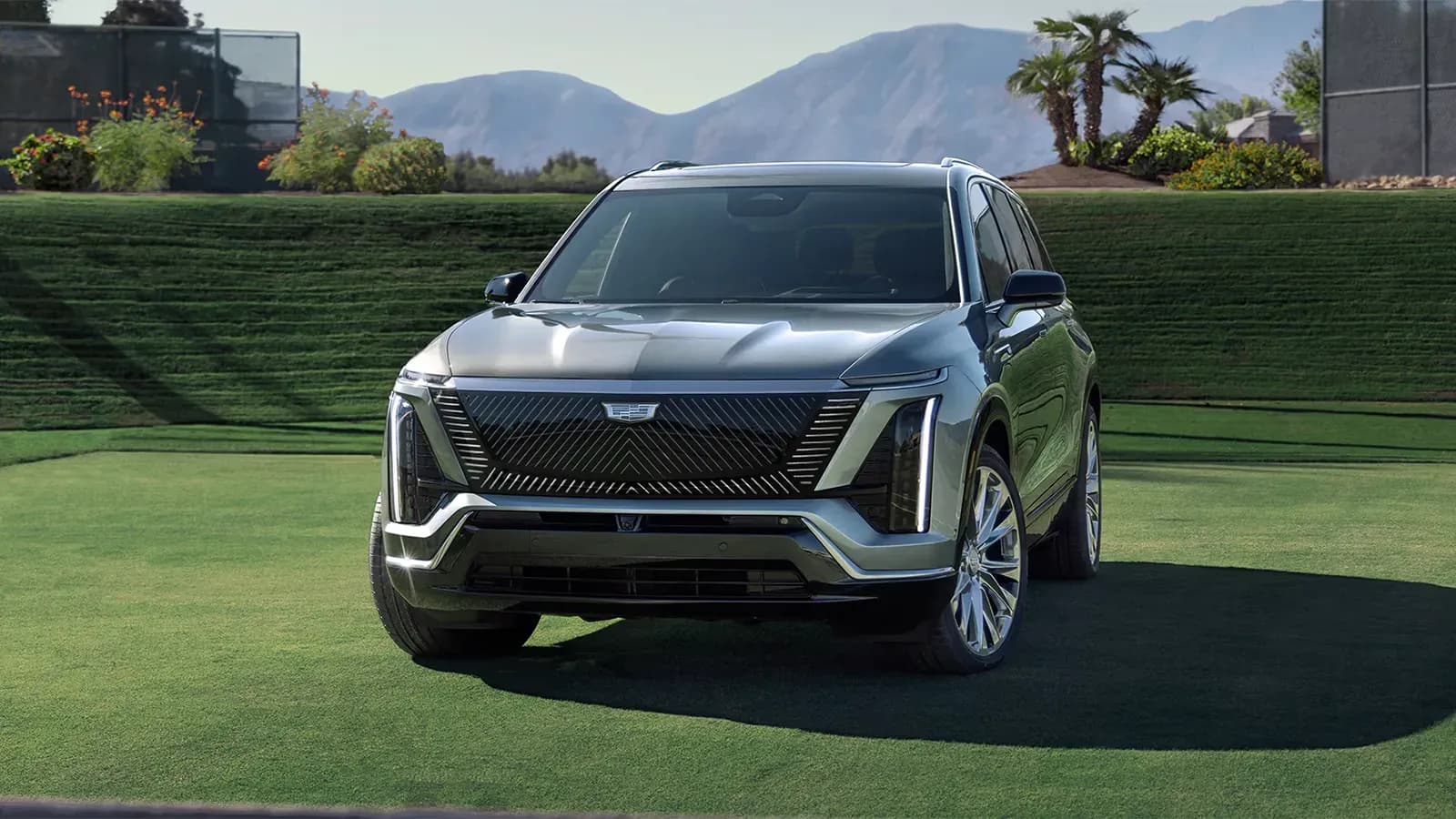 Cadillac Vistiq front exterior view in Opulent Blue Metallic
