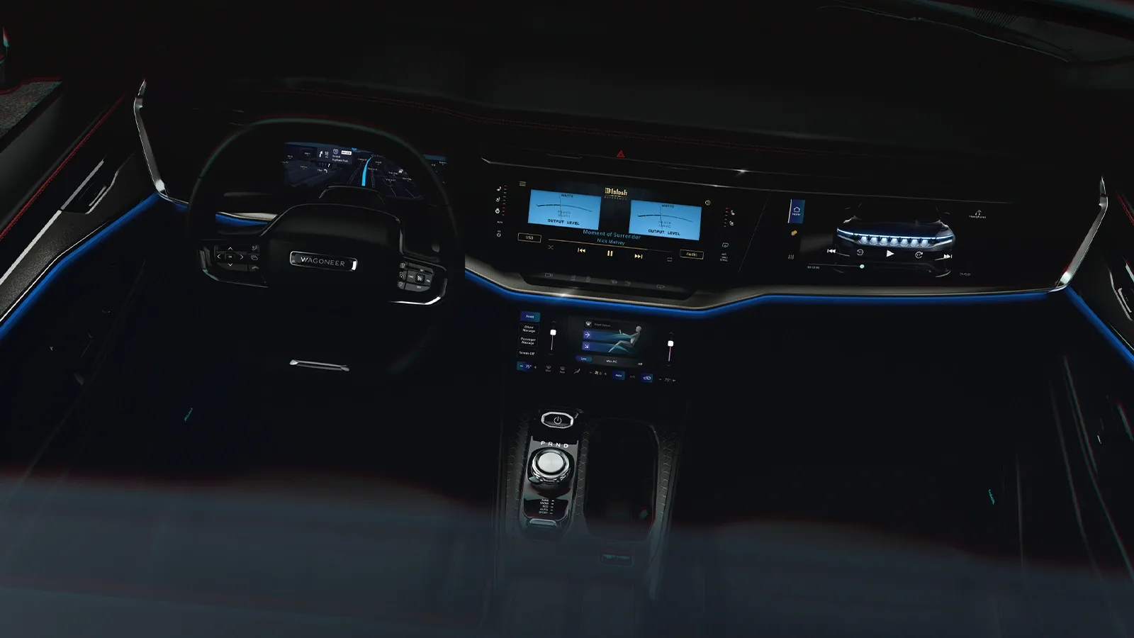 Interior del Jeep Wagoneer S con tablero digital, pantalla central y controles en la consola.