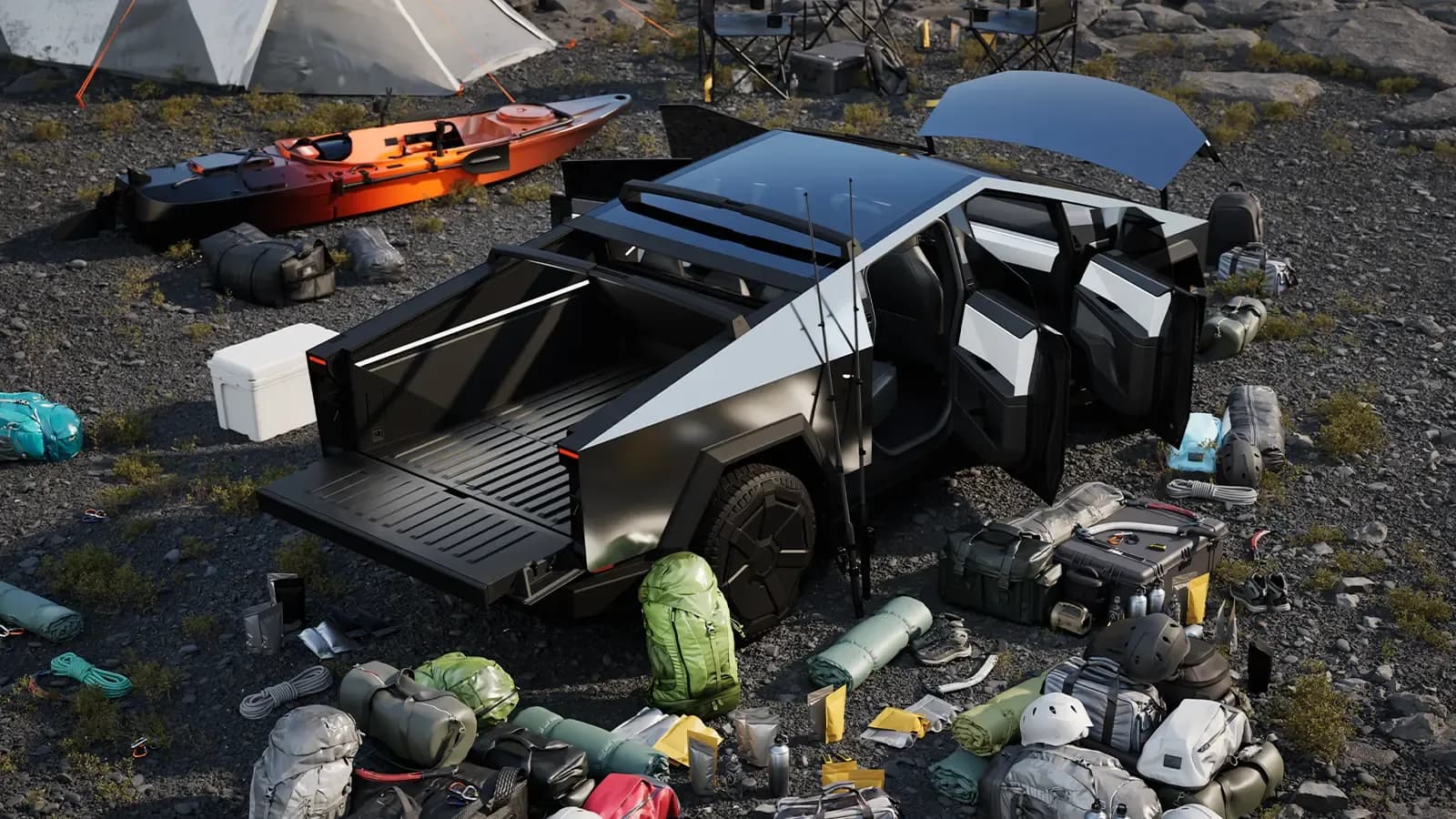 A display of the Telsa Cybertruck interior and exterior capacity with camping equipment
