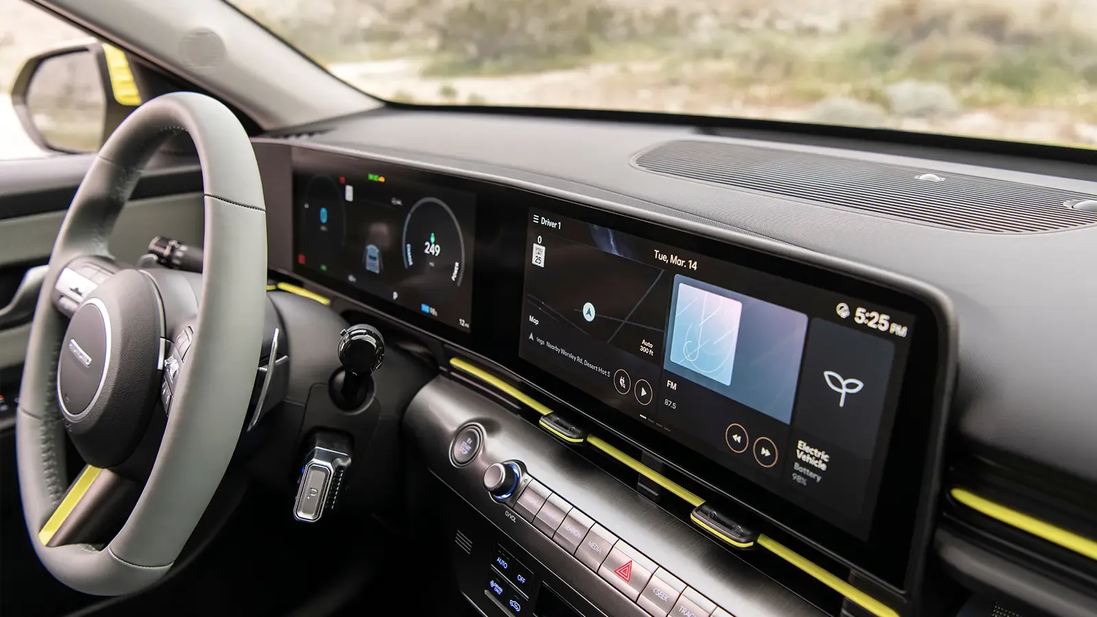 Hyundai Kona Electric dashboard and steering wheel with dual digital displays.