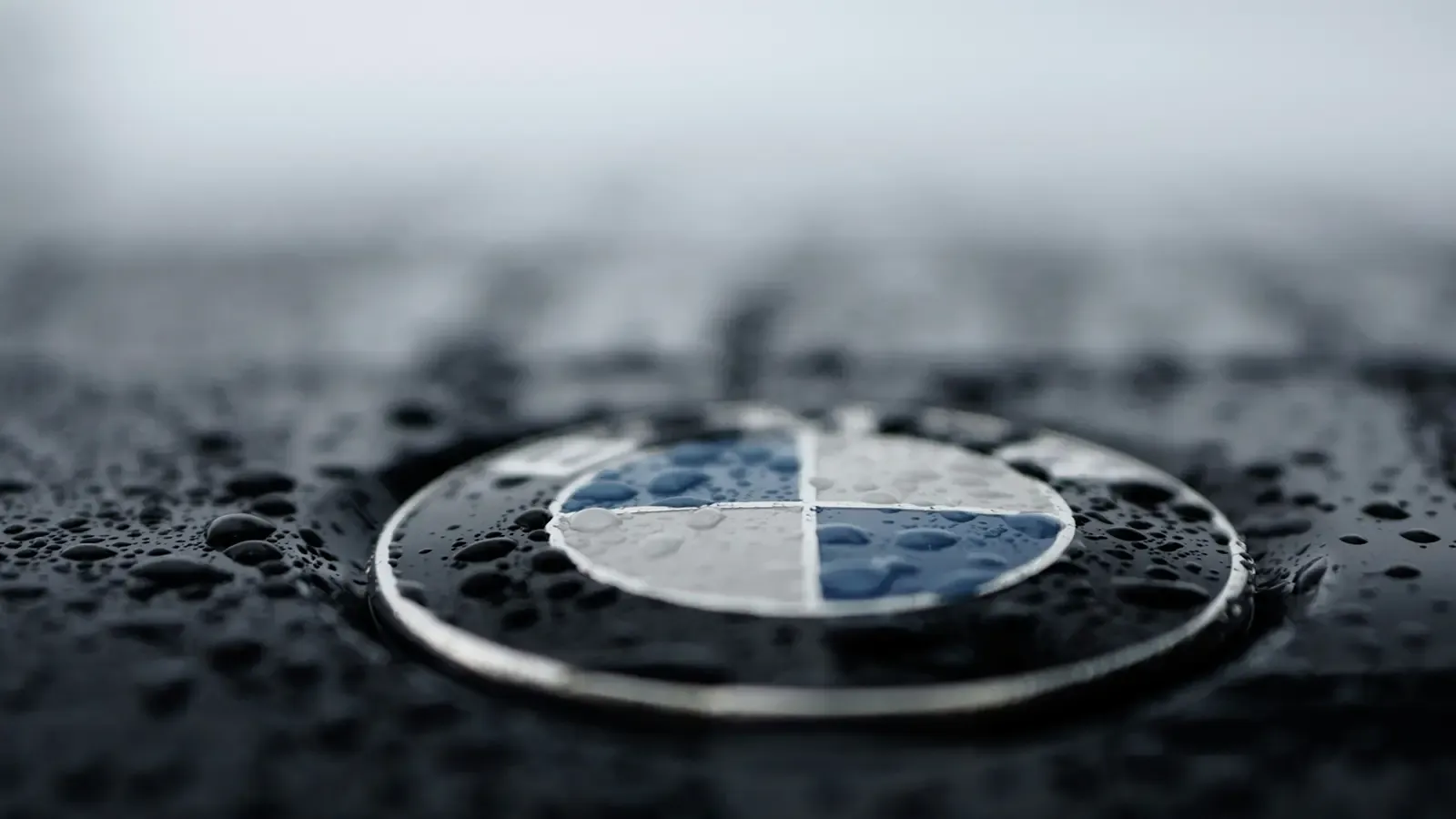 A BMW logo in the rain