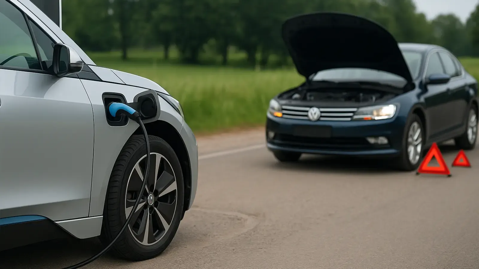 An EV charging and a ICE broken down