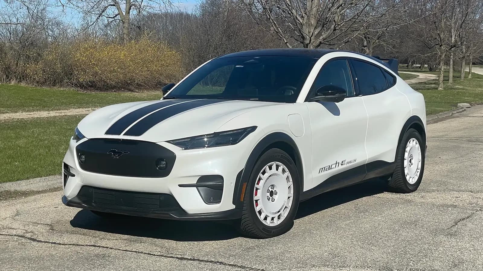 A 2025 white Ford Mustang Mach-E Rally