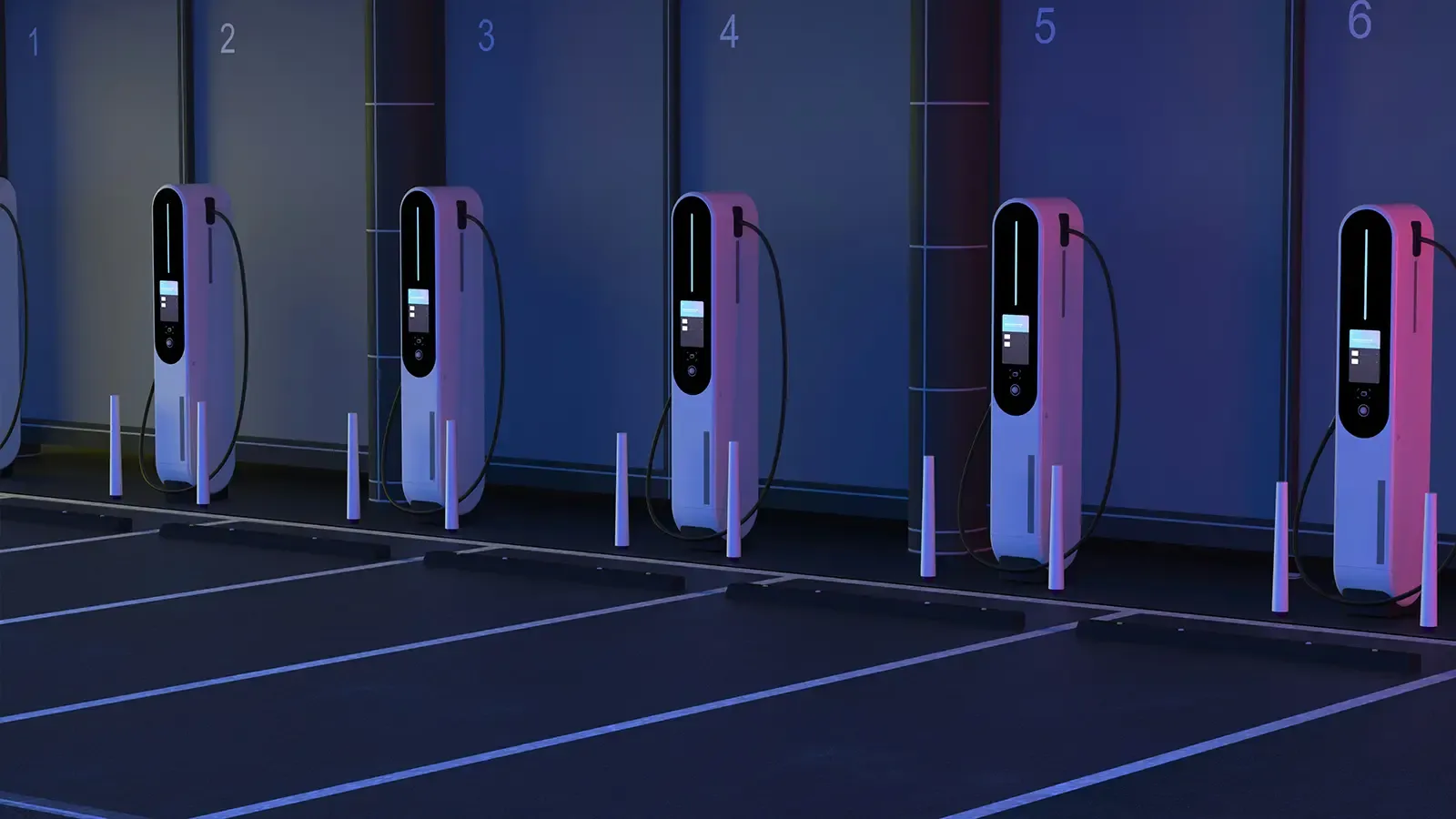 A row of EV charging stations