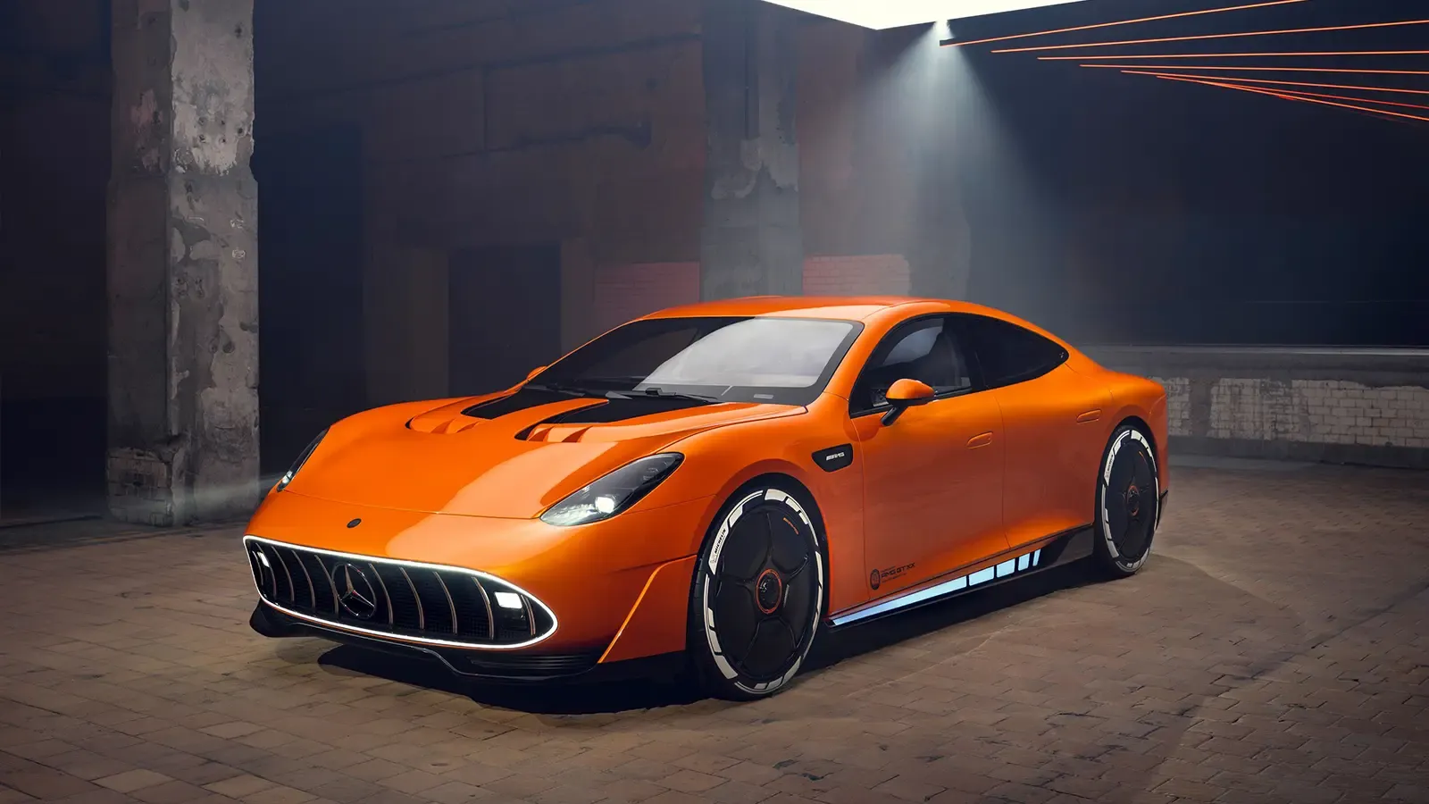 An orange 2027 Mercedes AMG GT EV Concept 