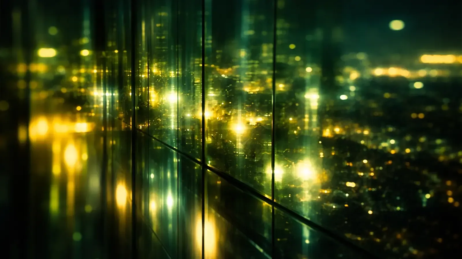 A downtown city at night through the glass
