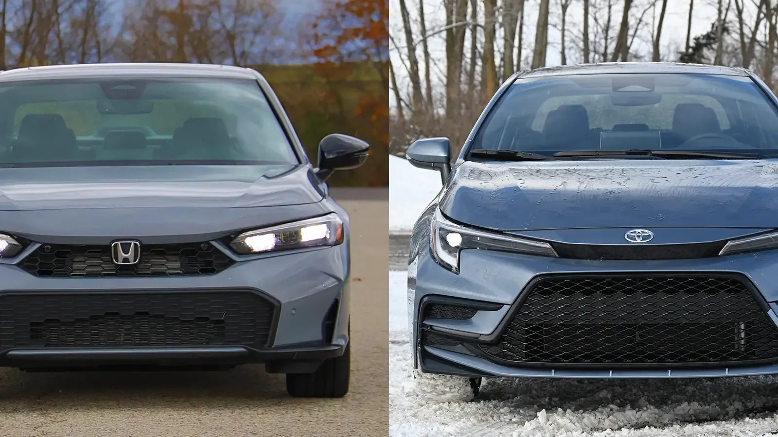 A head to head photo of the 2026 Honda Civic hybrid and a 2026 Toyota corolla hybrid