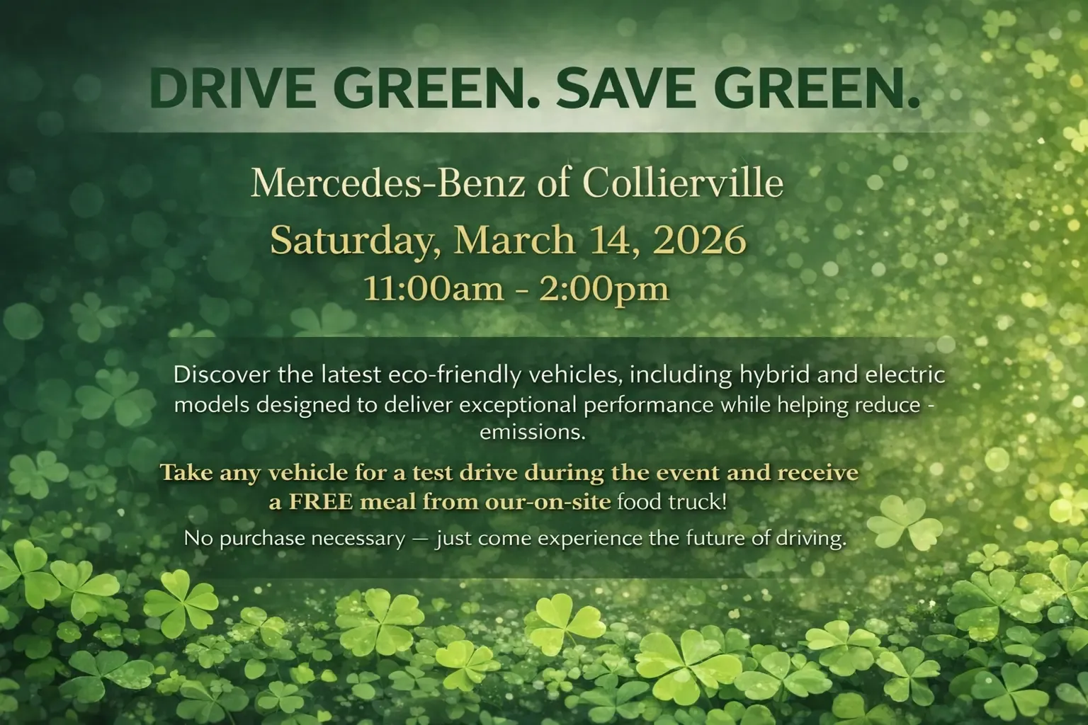 Folleto del evento con fondo verde de tréboles y texto de Mercedes-Benz of Collierville.