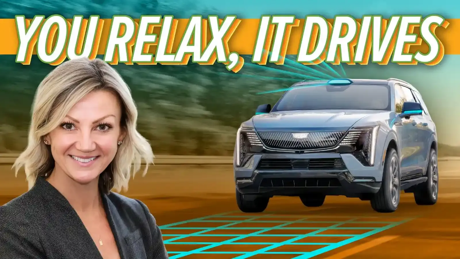 A simulated 2028 Cadillac Escalade IQ driving on a road