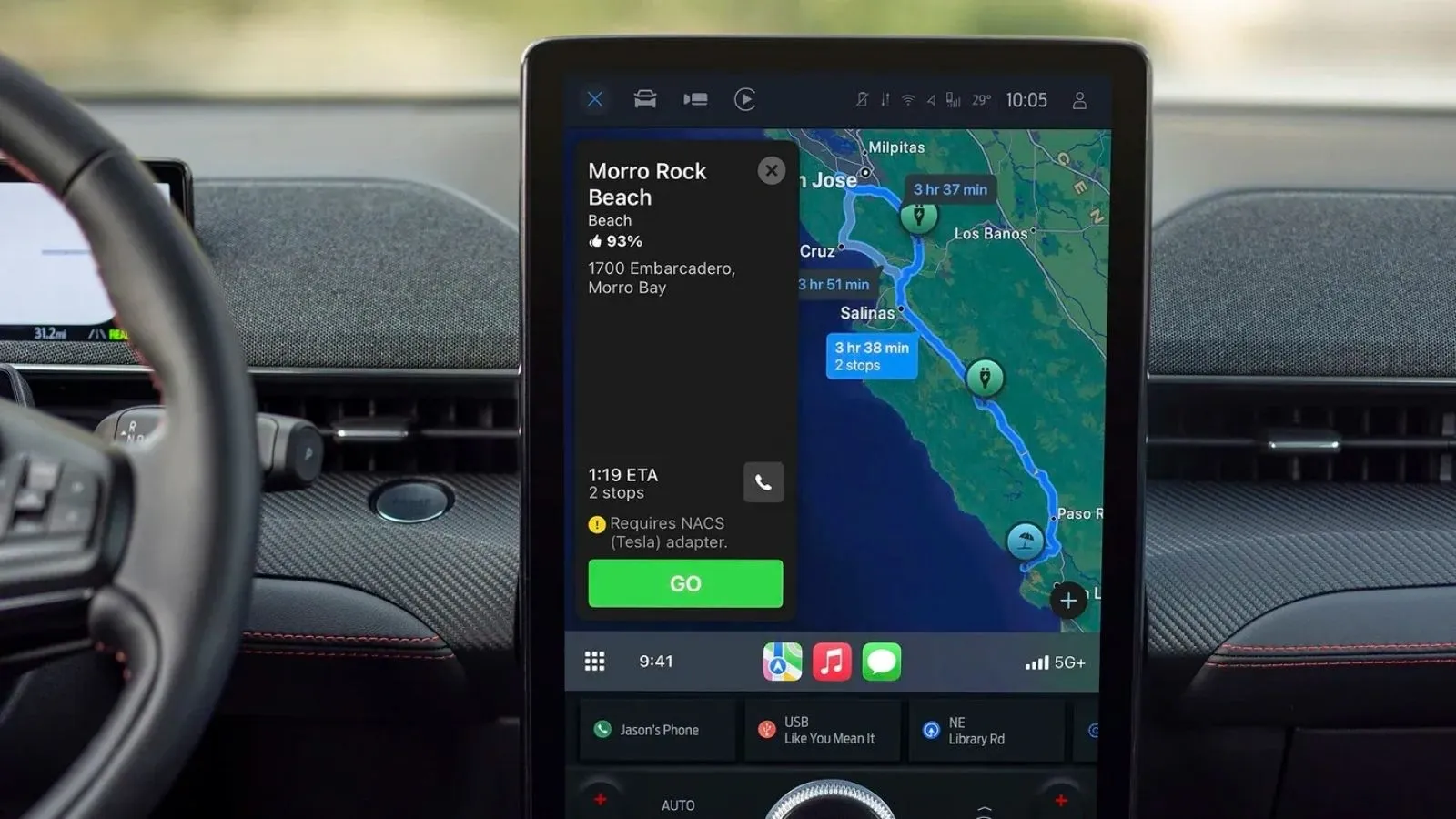 Inside cabin view of Ford's BlueCruise and Apple Maps integration