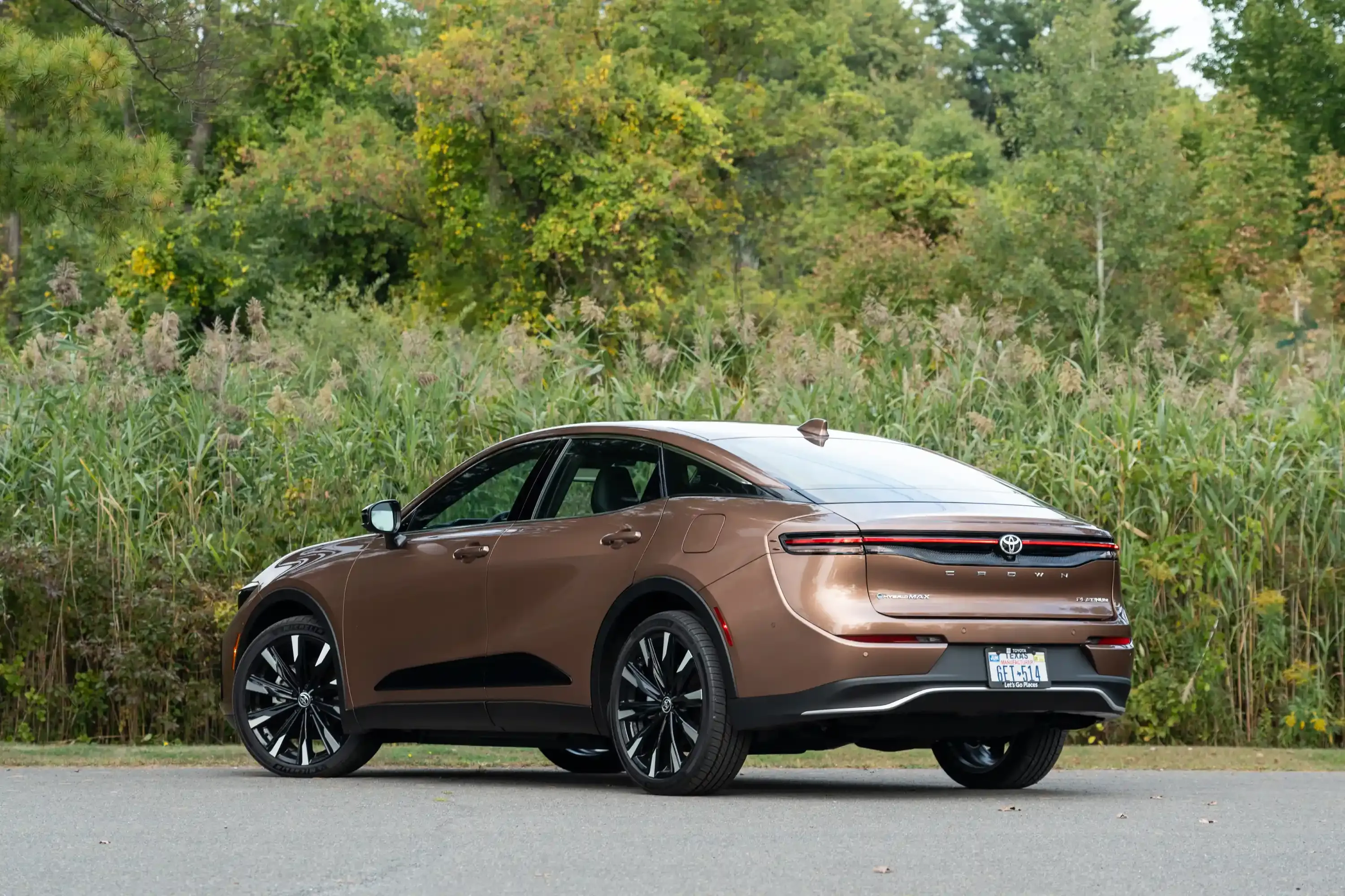 Rear three-quarter view of a brown sedan with a white roof and black pillars.