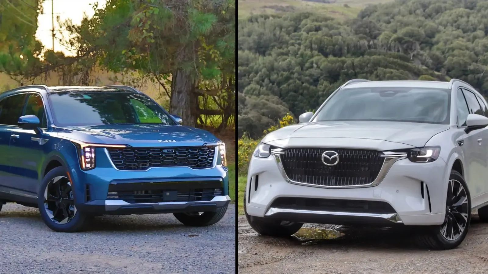 Split screen image of a blue Kia Sorento PHEV next to a white Mazda CX90 PHEV both from a front angled view