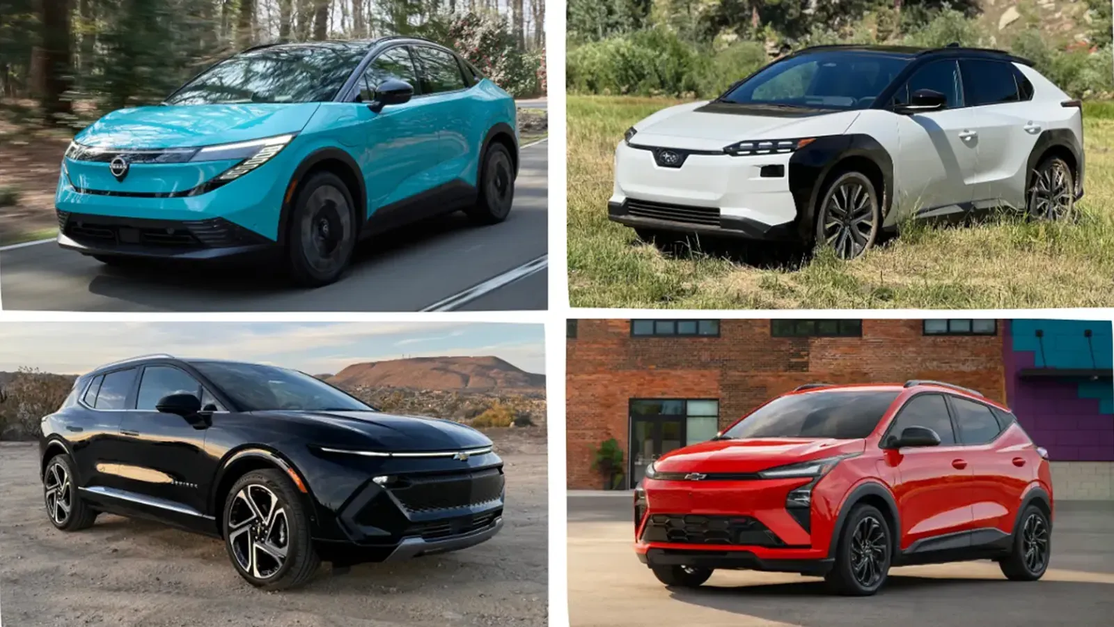 A line up of the Chevrolet Equinox EV, Chevrolet Bolt, Nissan Leaf and a Hyundia Ioniq 5