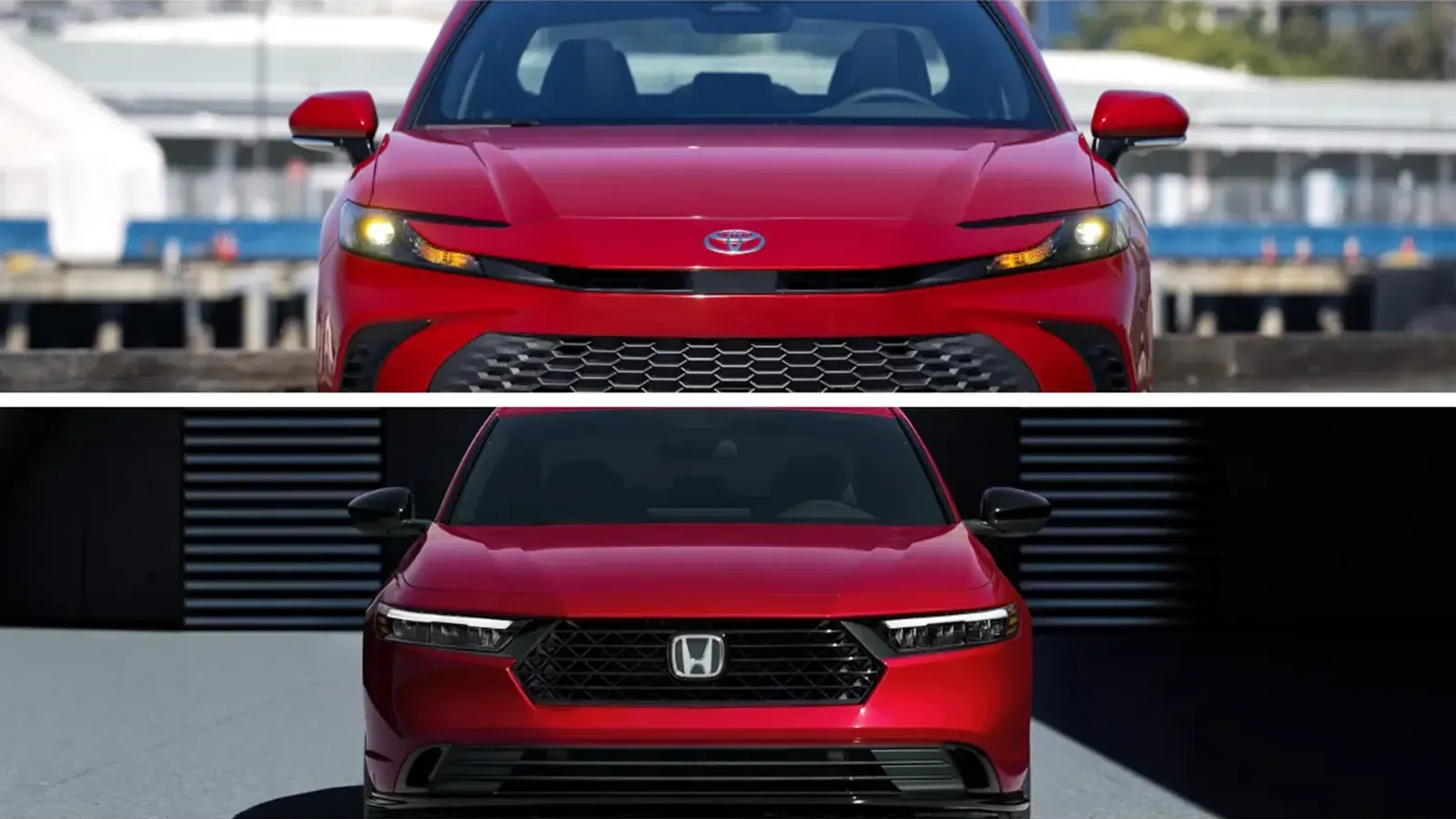 A red 2026 Honda Accord Hybrid and 2026 Toyota Camry Hybrid comparison picture