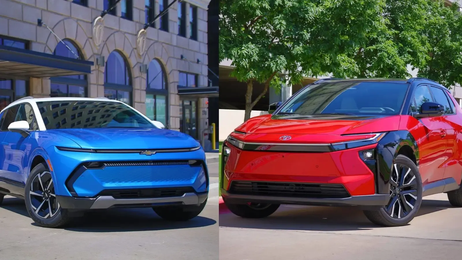 Side-by-side comparison of two electric SUVs. On the left, a bright blue Chevrolet Equinox EV with a slim full-width light bar and black lower grille, parked on a city street in front of a stone building with arched windows. On the right, a red Toyota bZ with a black-trimmed hammerhead-style front end and black wheel arches, parked on a sunny street lined with green trees.