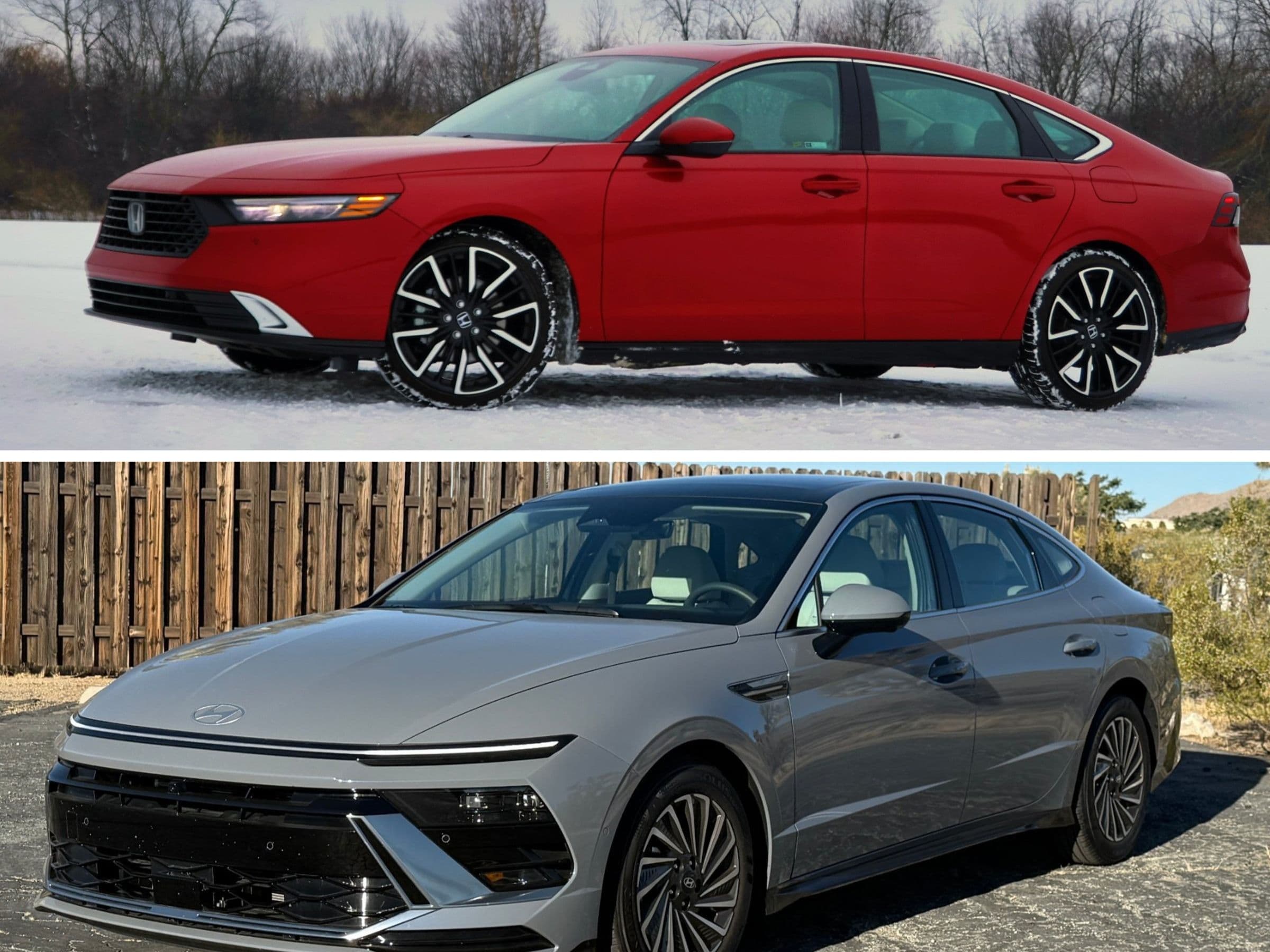 Split-image comparison of two 2026 midsize hybrid sedans: on top, a red Honda Accord Hybrid with two-tone wheels parked on a snowy field; on the bottom, a gray Hyundai Sonata Hybrid with a full-width front light bar parked in front of a wooden fence.