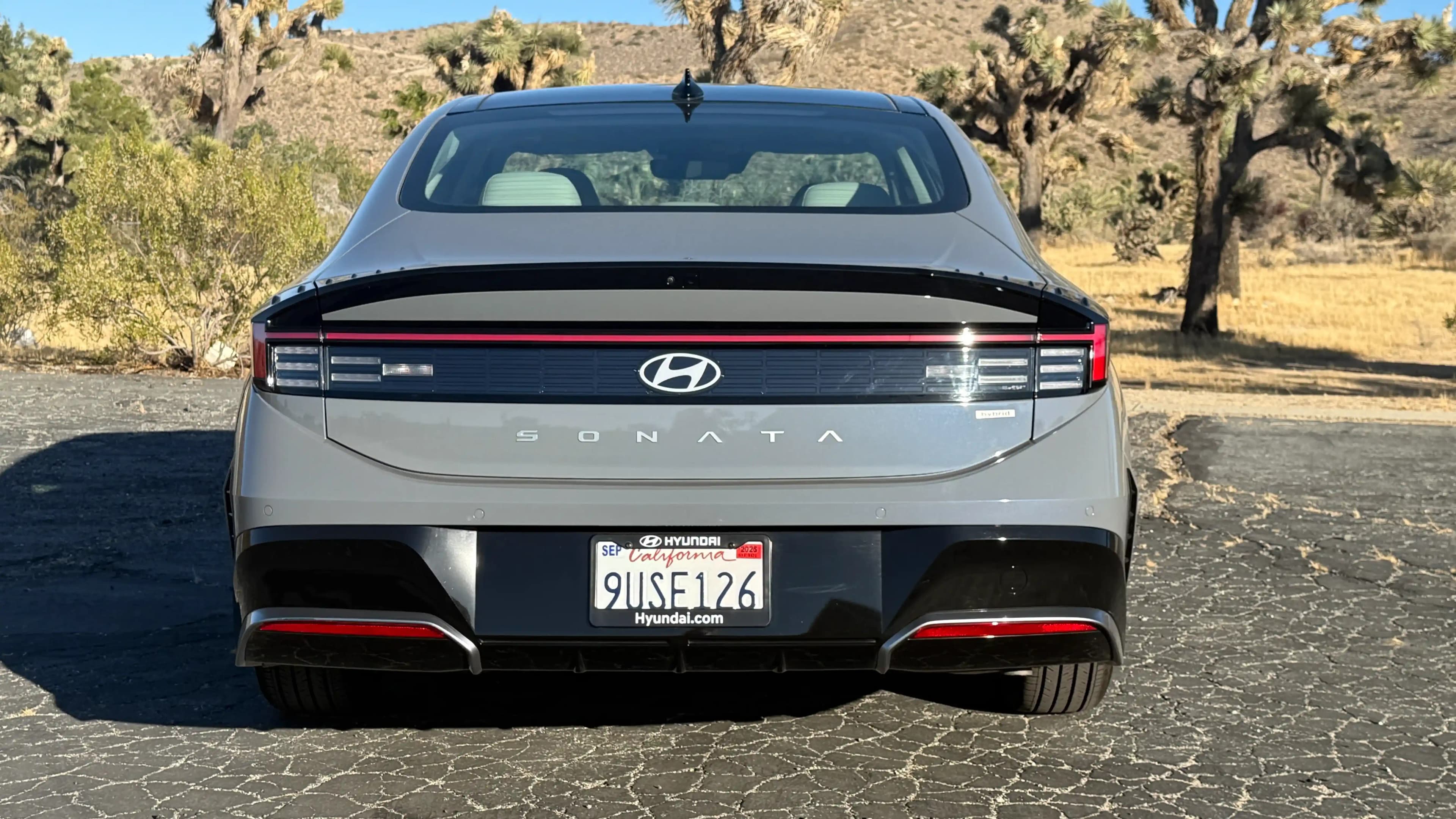 Rear profile of a grey Hyundai Sonata Hybrid