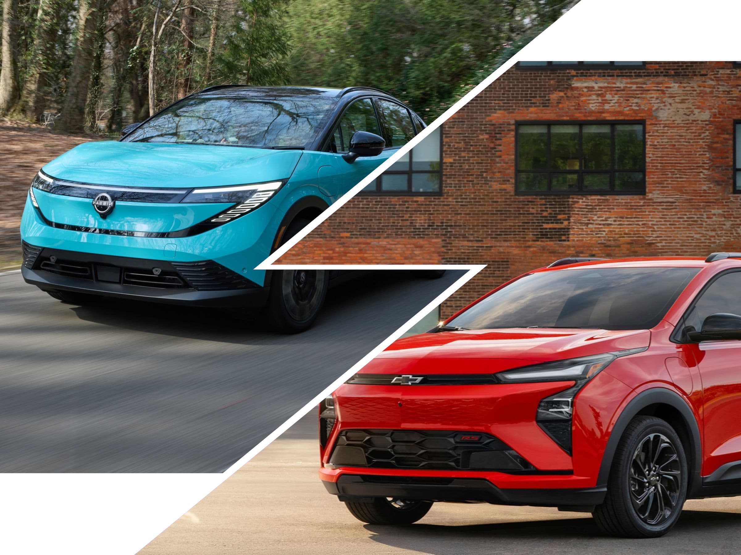 Split screen image of a blue Nissan Leaf and a red Chevrolet Bolt