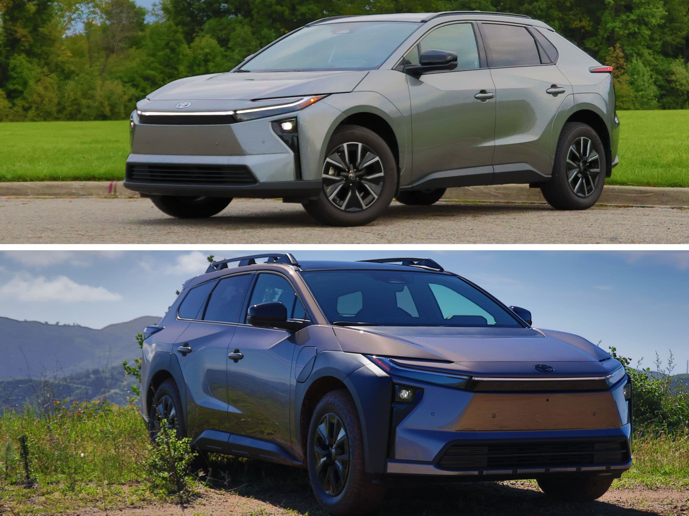Split-image comparison of two 2026 Toyota crossovers: on top, a gray Toyota bZ with two-tone wheels parked beside a grassy field; on the bottom, a bronze Toyota bZ Woodland with roof crossbars, black fender flares and all-terrain tires, parked on dirt with hills behind.