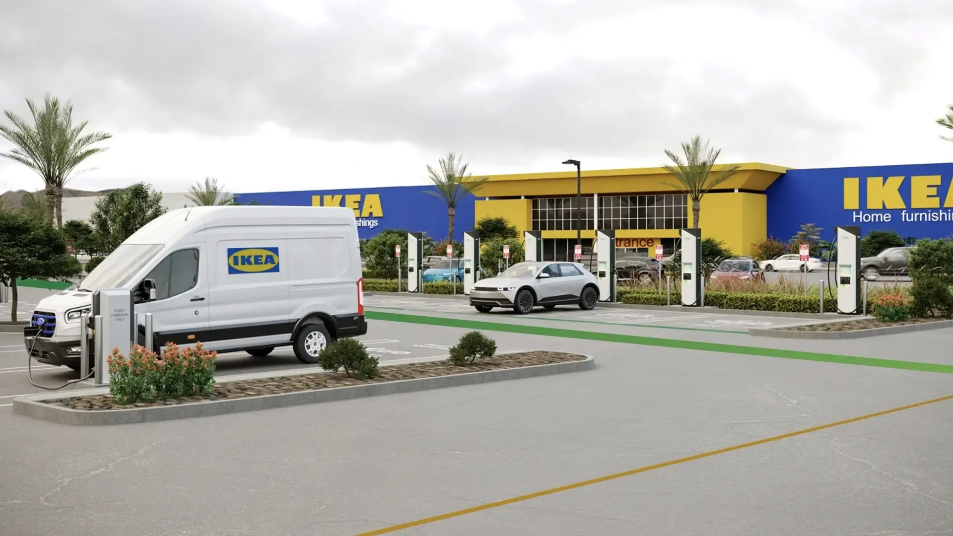 electric vehicles parked using charging stations outside of an Ikea store