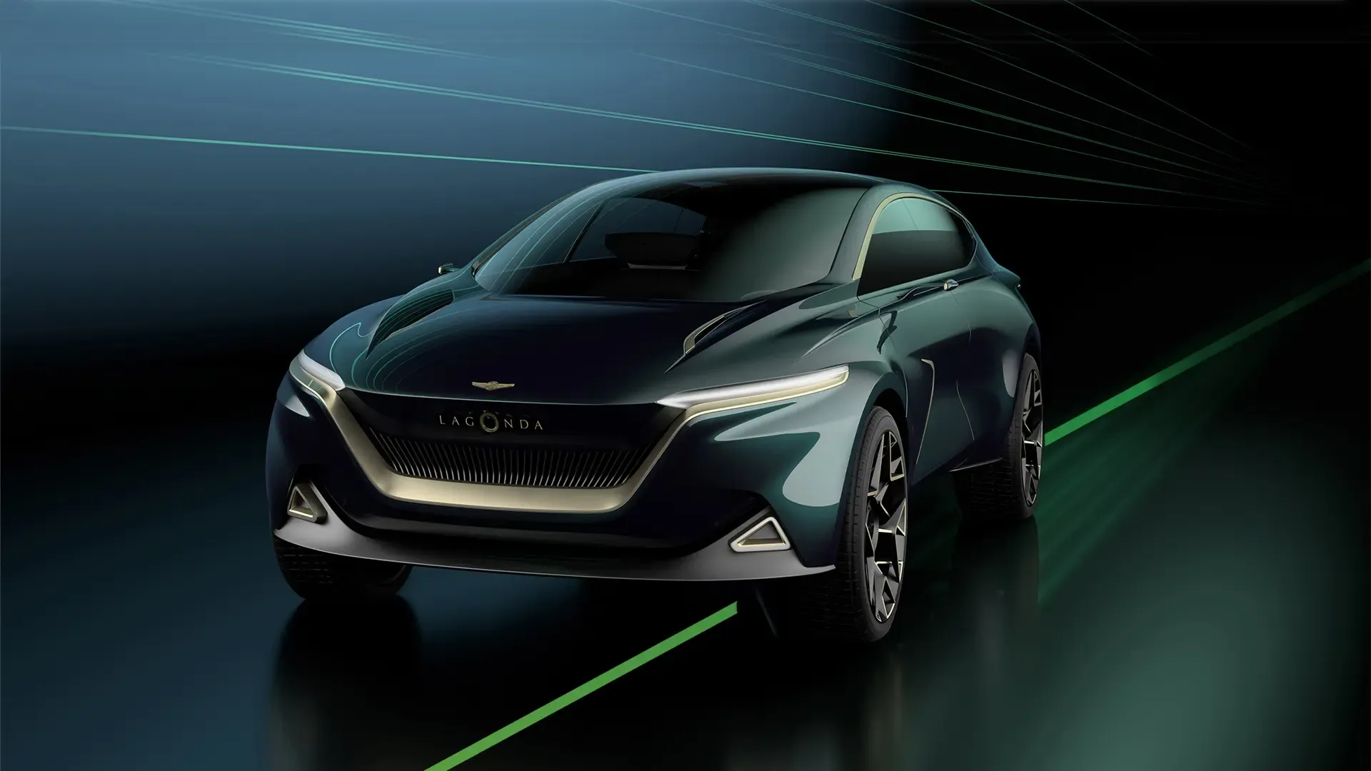 Luxury Lagonda driving on dark road