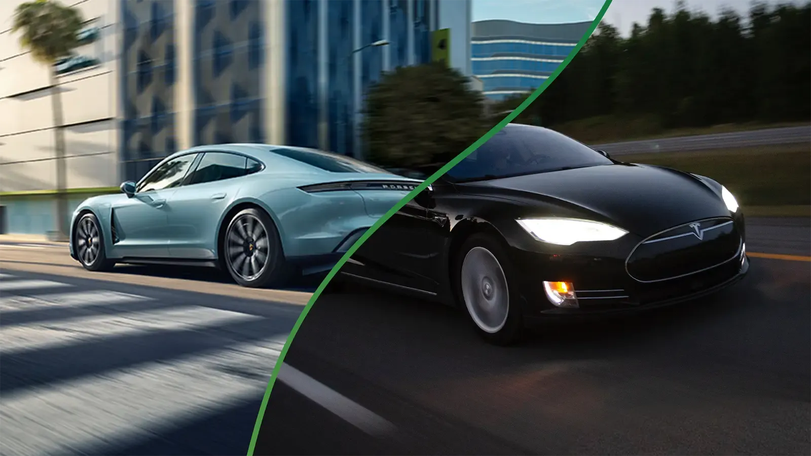 taycan and model s in motion