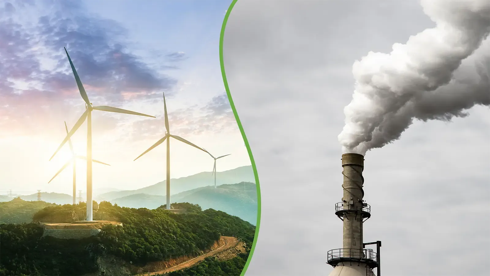 clean wind energy contrasted by coal powered pollution