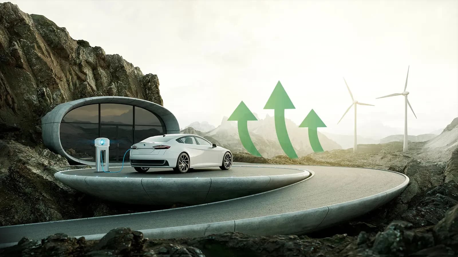 Futuristic driveway with electric car charging, windmills and green up arrows in distance