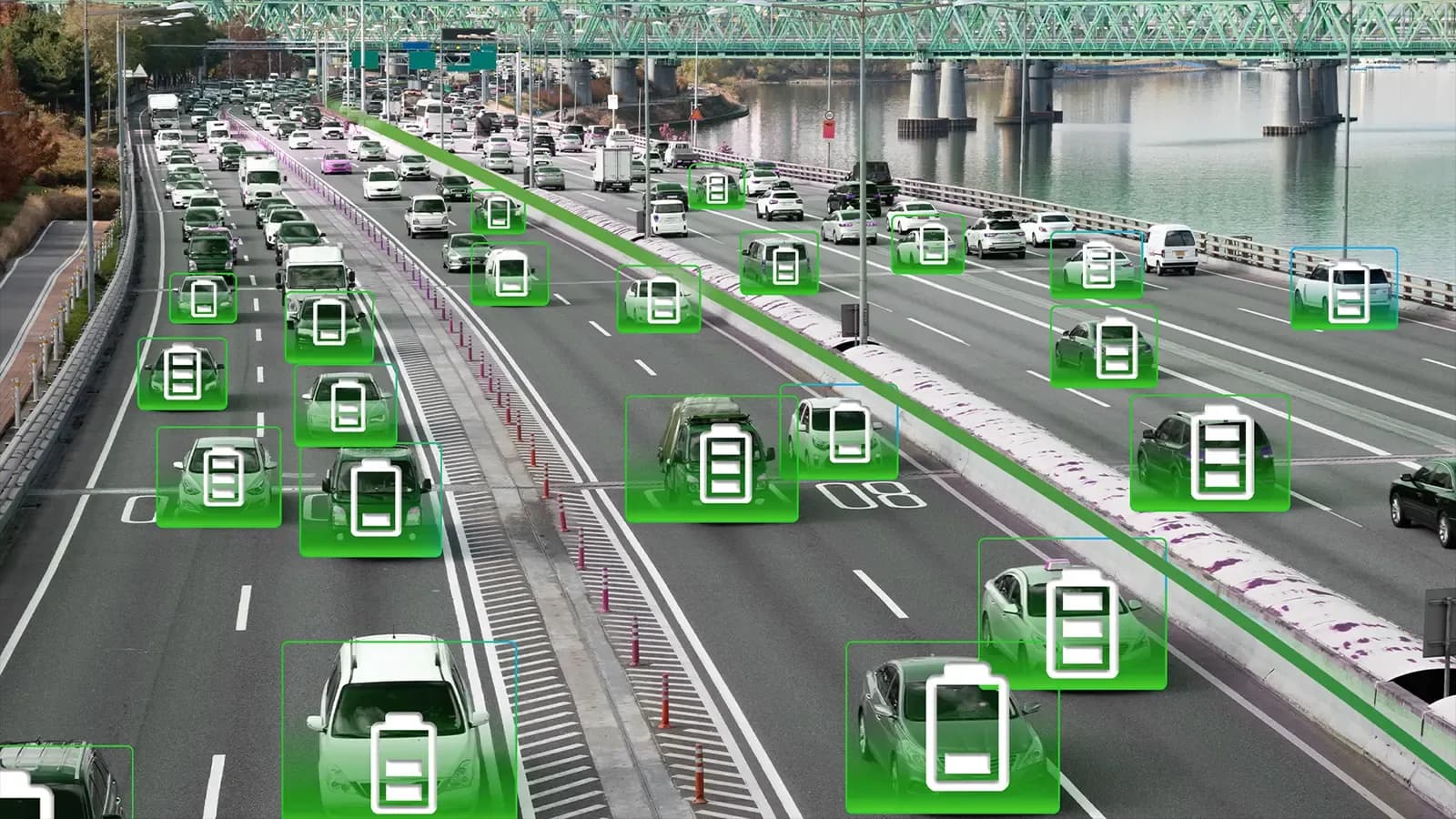 Major highway with many cars and battery charge icons over them