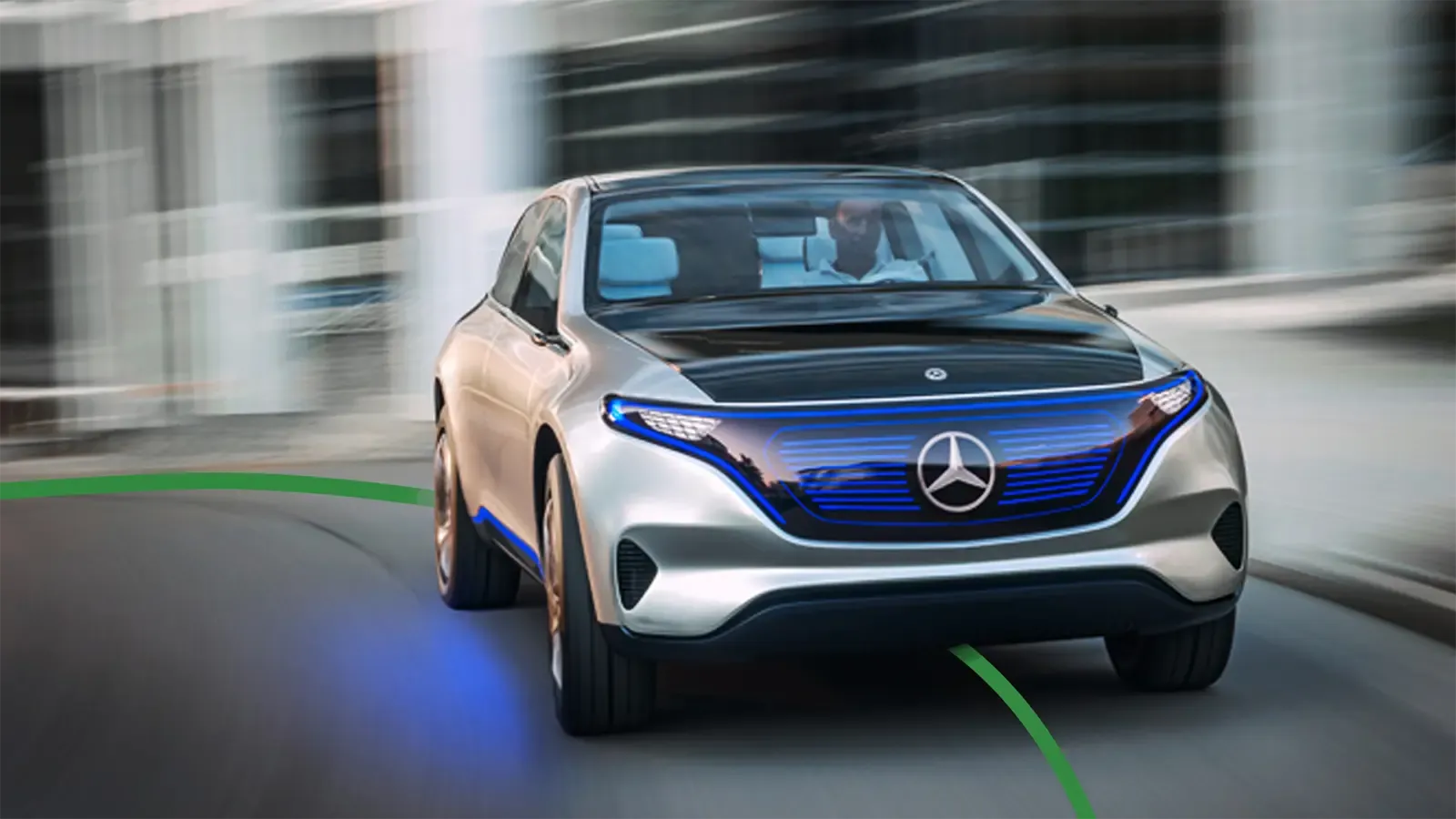 Futuristic Mercedes-Benz driving with motion blur and Green Cars line under